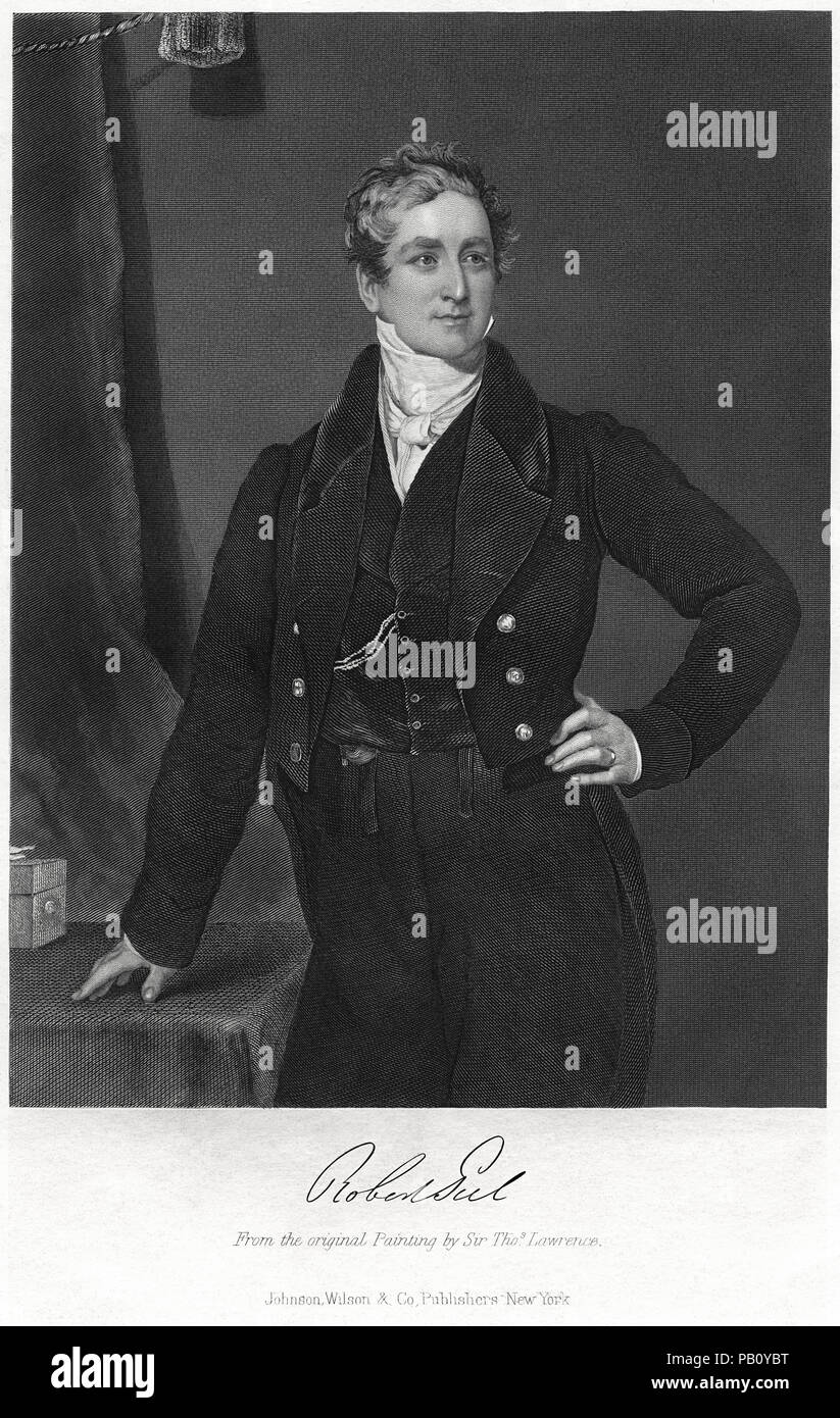 Sir Robert Peel (1788-1850), statista inglese e due volte Primo Ministro, incisione da un dipinto originale di Sir Thomas Lawrence, galleria di ritratti di illustri uomini e donne in Europa e in America, Johnson, Wilson & Publishing Company, New York, 1873 Foto Stock