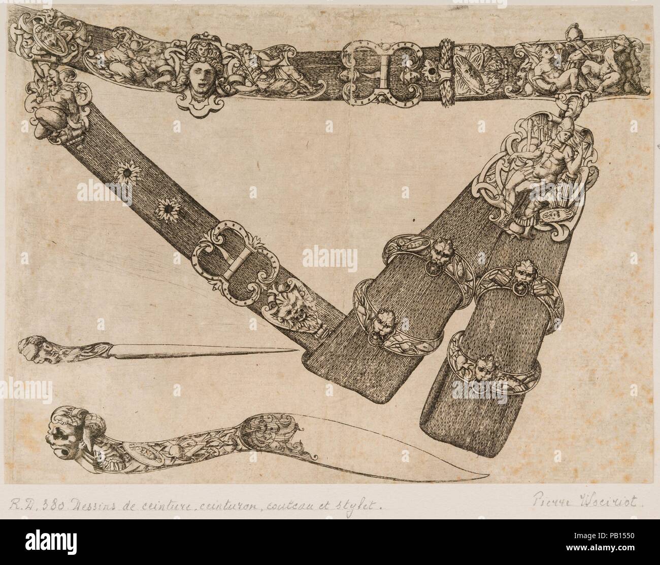 Design per una spada-cinghia, coltello, e stilo. Artista: Pierre Woeiriot de Bouzey II (francese, Neufchâteau Damblain 1532-1599). Cultura: francese. Dimensioni: 7 3/16 x 9 3/4 in. (18,3 x 24,7 cm). Data: ca. 1555. Pierre Woeiriot è stato addestrato come un orafo, ma è rinomata per il suo lavoro come un incisore e stampatore. La sua funzione di stampe proprio rendering originale di ritratti, scene bibliche, emblemi religiosi, gioielli e rapier hilts. Questa incisione di una spada-cinghia con elaborare supporti, quest'ultimo dubbio destinato ad essere eseguito in argento o bronzo dorato, è tra le sue stampe più rari. La maggior parte delle sh Foto Stock