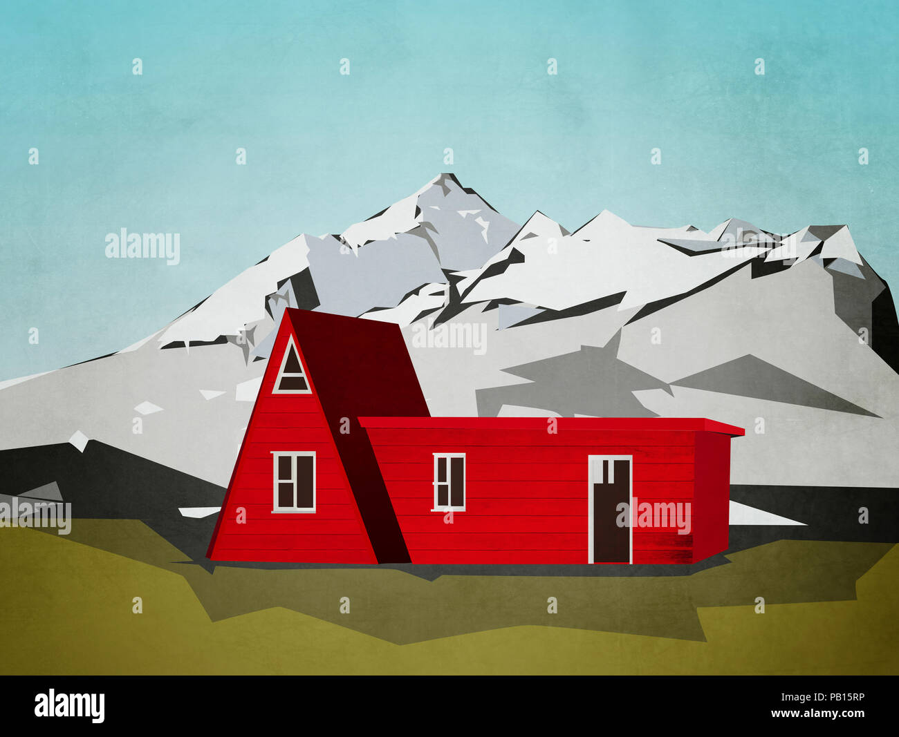 Casa / cottage nel paesaggio di montagna - illustrazione di viaggio Foto Stock