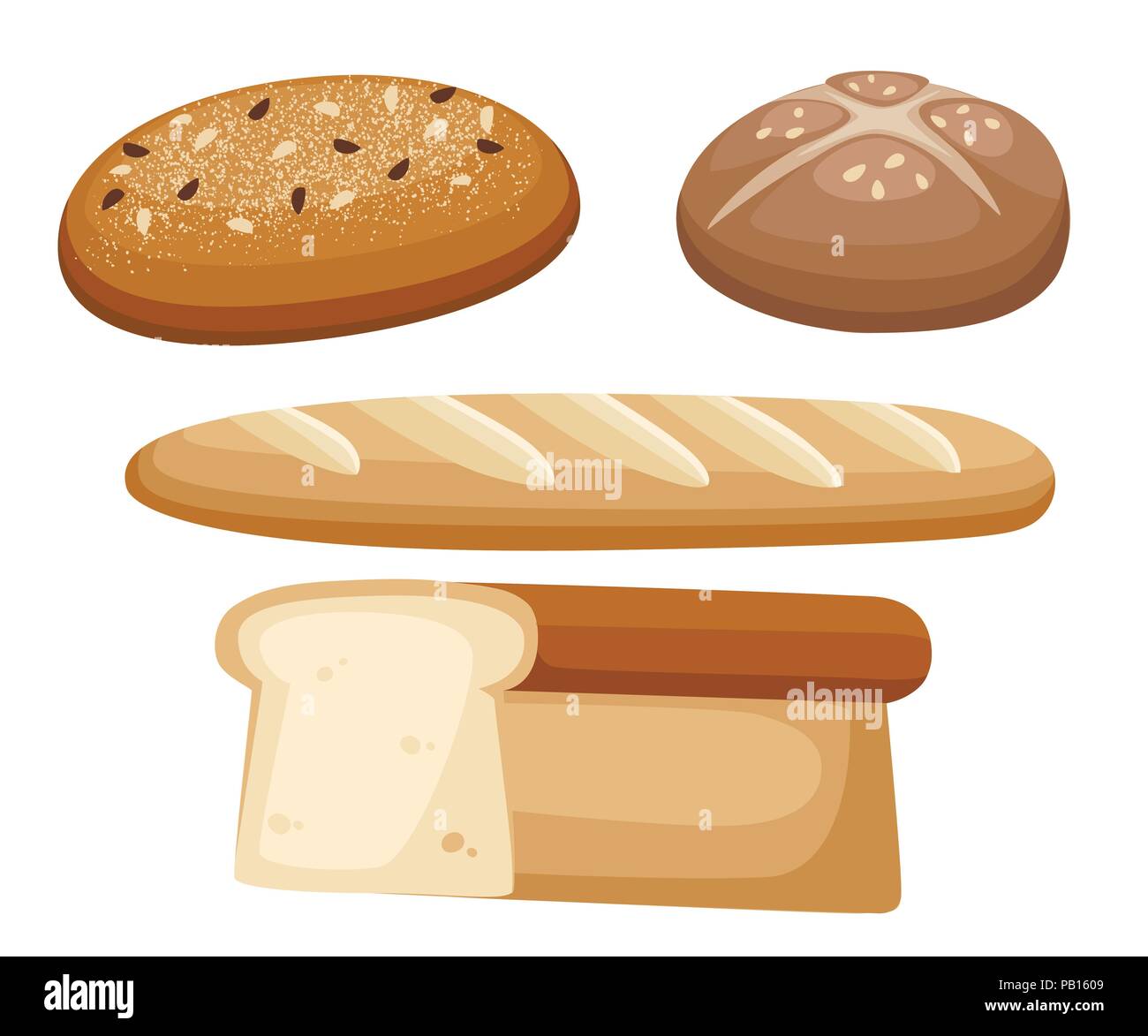 Pane la varietà dei cibi. Impostare il pane prodotto. Mattone focaccia, baton o baguette, toast. Appartamento Panetteria illustrazione isolati su sfondo bianco. Illustrazione Vettoriale