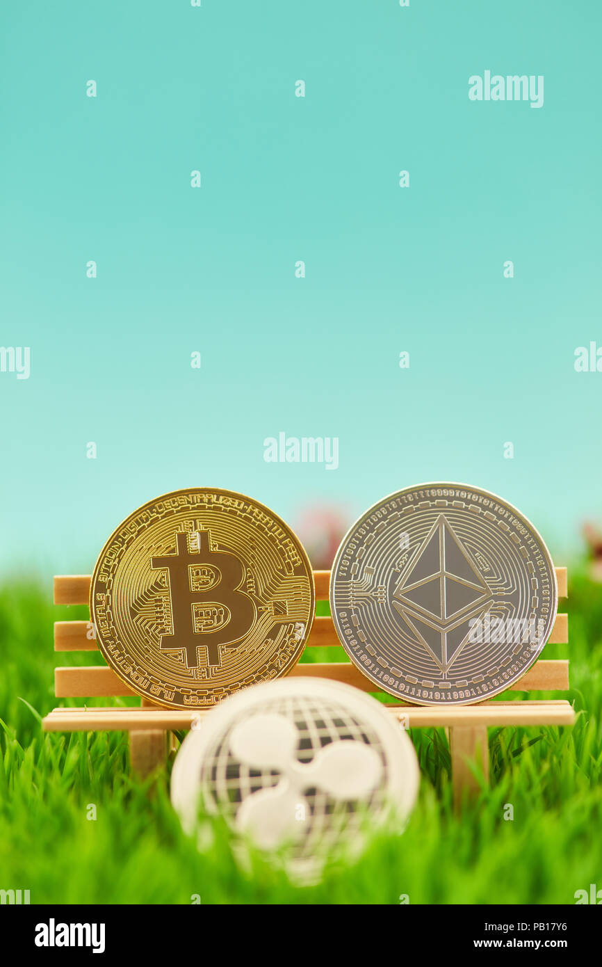 Cryptocurrency monete, come etere Bitcoin e ripple su un banco in erba Foto Stock