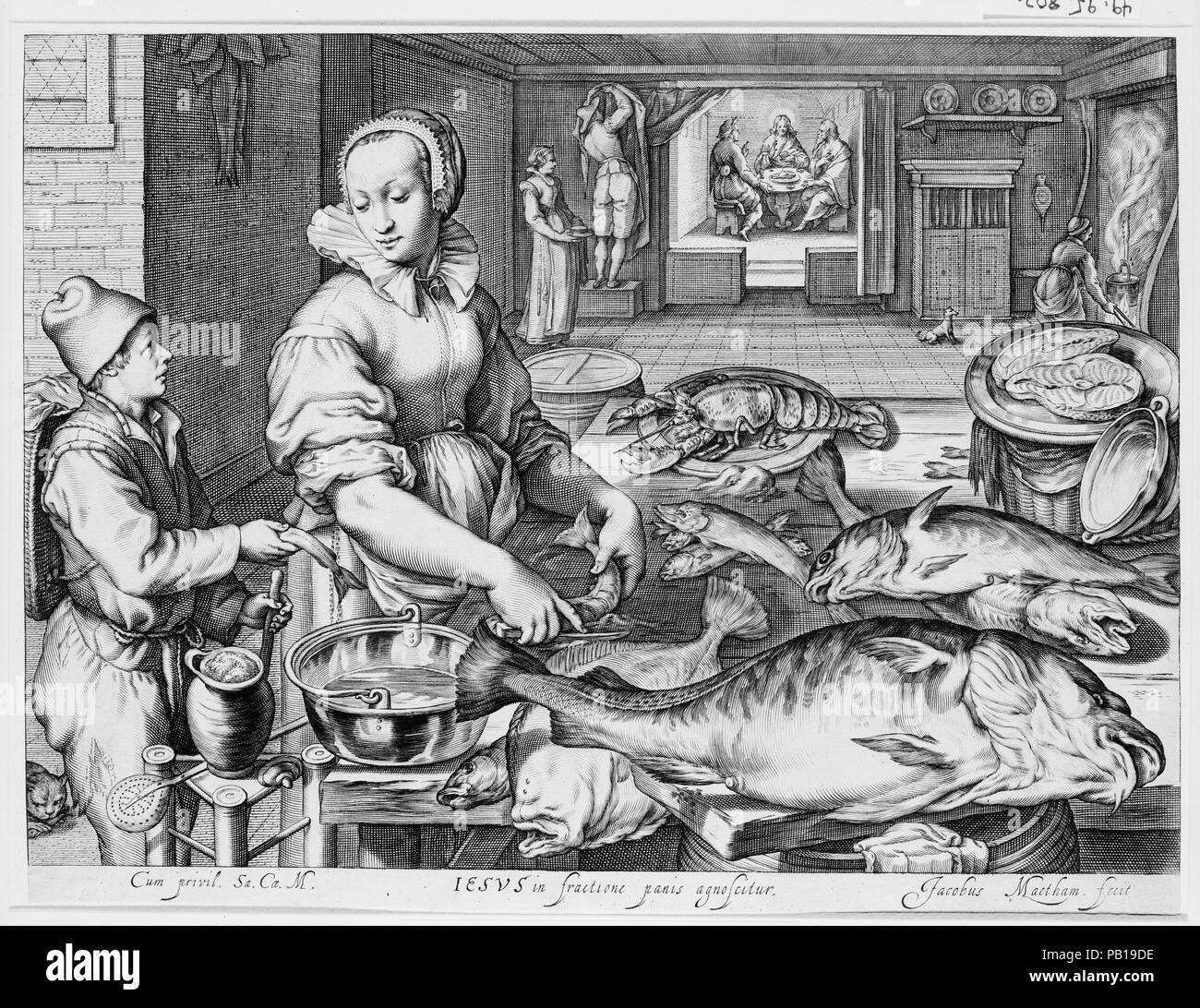 Scena di cucina con cucina cameriera preparare pesce, Cristo di Emmaus in background, dalla cucina e scene di mercato con scene bibliche in background. Artista: Jacob Matham (Netherlandish, 1571-1631 Haarlem Haarlem). Dimensioni: foglio: 9 1/2 x 12 5/8 in. (24,2 x 32 cm). Data: ca. 1603. Museo: Metropolitan Museum of Art di New York, Stati Uniti d'America. Foto Stock