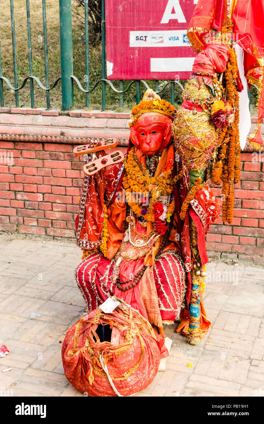 Uomo vestito da Hanuman la scimmia dio durante il Maha Shivaratri nel tempio di Pashupatinath, Kathmandu, Nepal Foto Stock