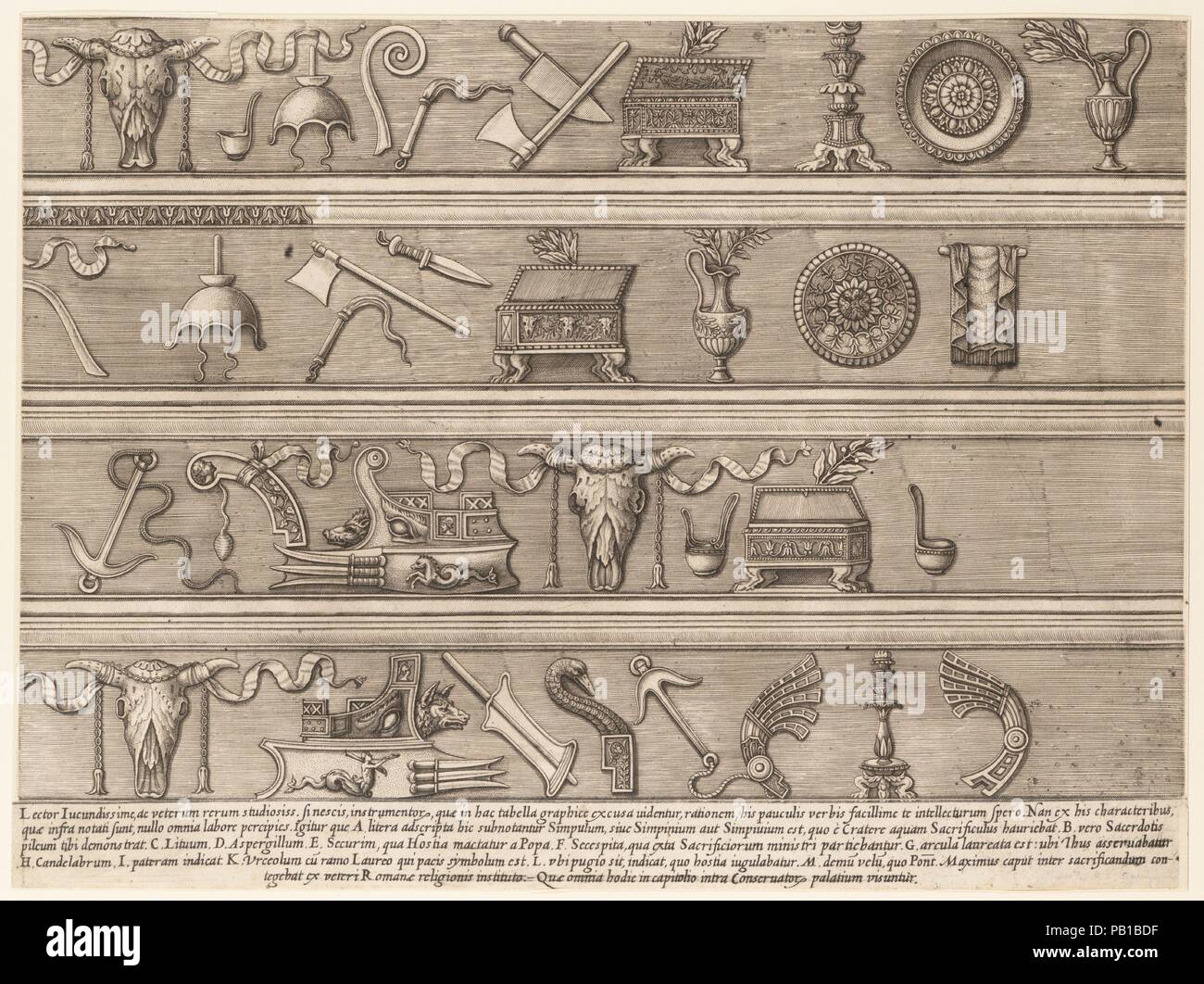 Speculum Romanae Magnificentiae": strumenti sacrificali basate su antiche sculture in rilievo. Artista: Dopo Enea Vico (italiano, Parma 1523-1567 Ferrara); attribuito a Nicolas Beatrizet (francese, Lunéville 1515-ca. 1566 Roma (?). Dimensioni: foglio: 11 7/8 x 15 13/16 in. (30,1 x 40,2 cm). Data: ca. 1550-75. Questa stampa proviene dal museo della copia del Speculum Romanae Magnificentiae" (Lo specchio della magnificenza romana) lo specolo trova la sua origine nella pubblicazione si sforza di Antonio Salamanca e Antonio Lafreri. Durante la loro pubblicazione romana carriera, i due editori stranieri - che ha lavorato Foto Stock