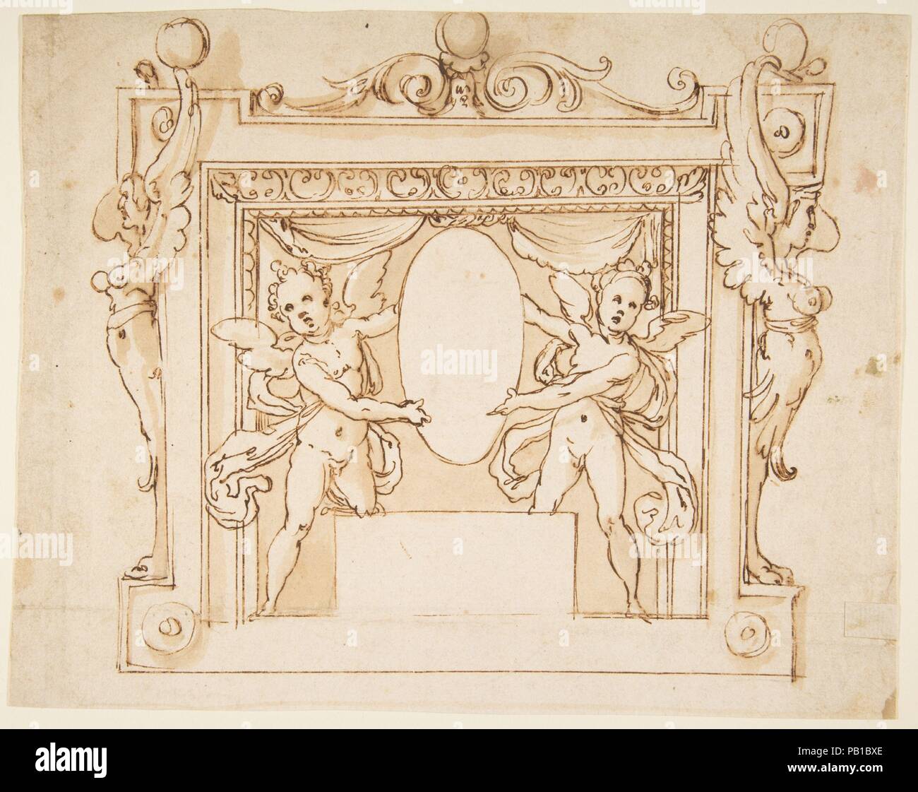 Disegno per una lapide: due bambini alati tenendo un ovale vuoto in un telaio con grifoni. Artista: seguace di Federico Zuccaro (Zuccari) (italiano, Sant'Angelo in Vado 1540/42-1609 Ancona). Data: n.d.. Museo: Metropolitan Museum of Art di New York, Stati Uniti d'America. Foto Stock