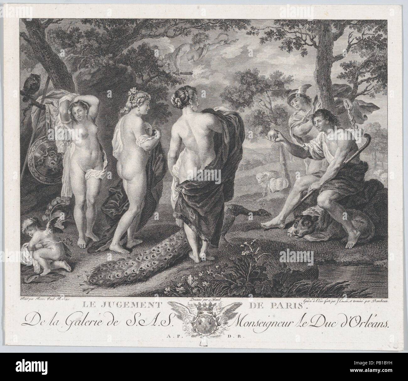 La sentenza di Parigi. Artista: dopo Peter Paul Rubens (fiammingo, Siegen 1577-1640 Anversa); intermediario disegnatore Antoine Borel (francese, Parigi 1743-dopo il 1810). Dimensioni: Immagine: 6 1/8 x 8 1/8 in. (15,6 × 20,6 cm) Foglio (trimmed): 7 5/8 x 8 3/4 in. (19,4 × 22,3 cm). Incisore: Jean Dambrun (francese, Parigi 1741-dopo il 1808). Incisore: Jacques Couché (francese, Gournay o Abbeville 1750 o 1759-1835 (?). Serie/Portfolio: Galerie du Palais Royal. Data: 1786-1808. Museo: Metropolitan Museum of Art di New York, Stati Uniti d'America. Foto Stock