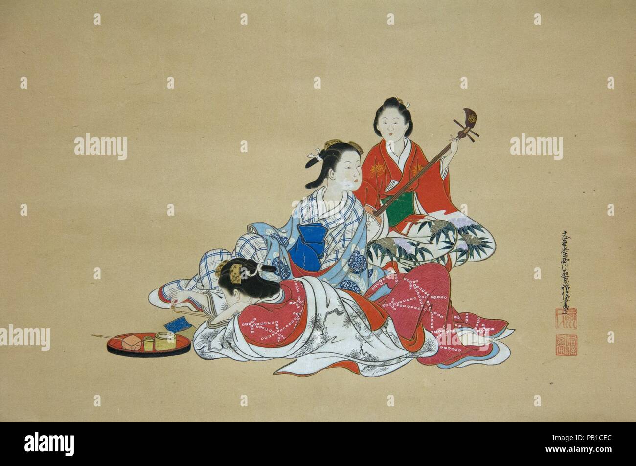 Tre bellezze. Artista: Nishikawa Sukenobu (giapponese, 1671-1750). Cultura: il Giappone. Dimensioni: Immagine: 14 1/4 in. × 21 a. (36,2 × 53,3 cm) complessivamente con il montaggio: 51 1/8 × 26 7/8 in. (129.9 × 68,3 cm) in generale con le manopole: 51 1/8 × 29 1/4 in. (129.9 × 74,3 cm). Data: XVIII secolo. Museo: Metropolitan Museum of Art di New York, Stati Uniti d'America. Foto Stock