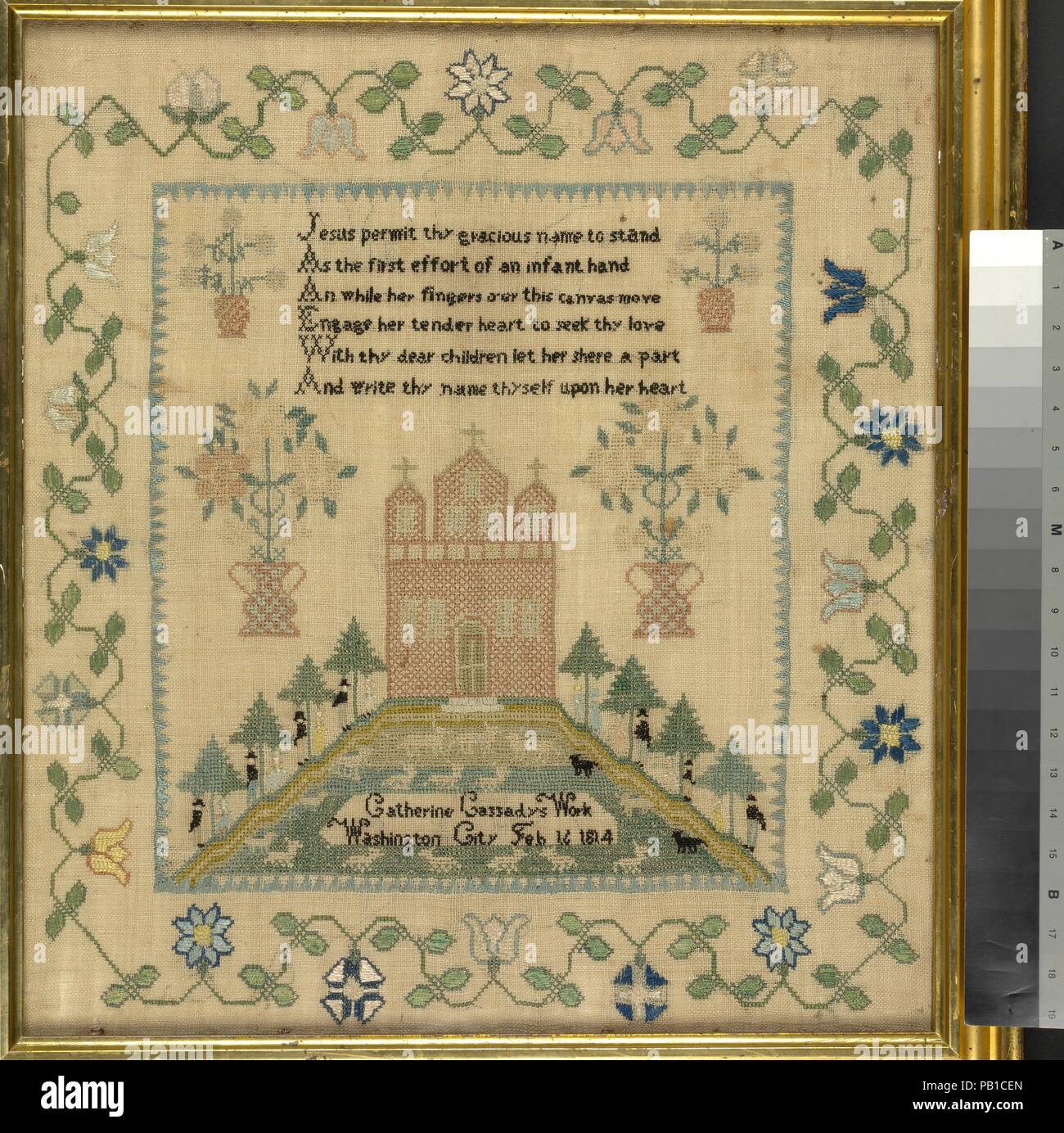 Campionatore ricamato. Cultura: American. Dimensioni: 16 1/2 x 15 1/2 in. (41,9 x 39,4 cm). Maker: Catherine Cassady. Data: 1814. Museo: Metropolitan Museum of Art di New York, Stati Uniti d'America. Foto Stock