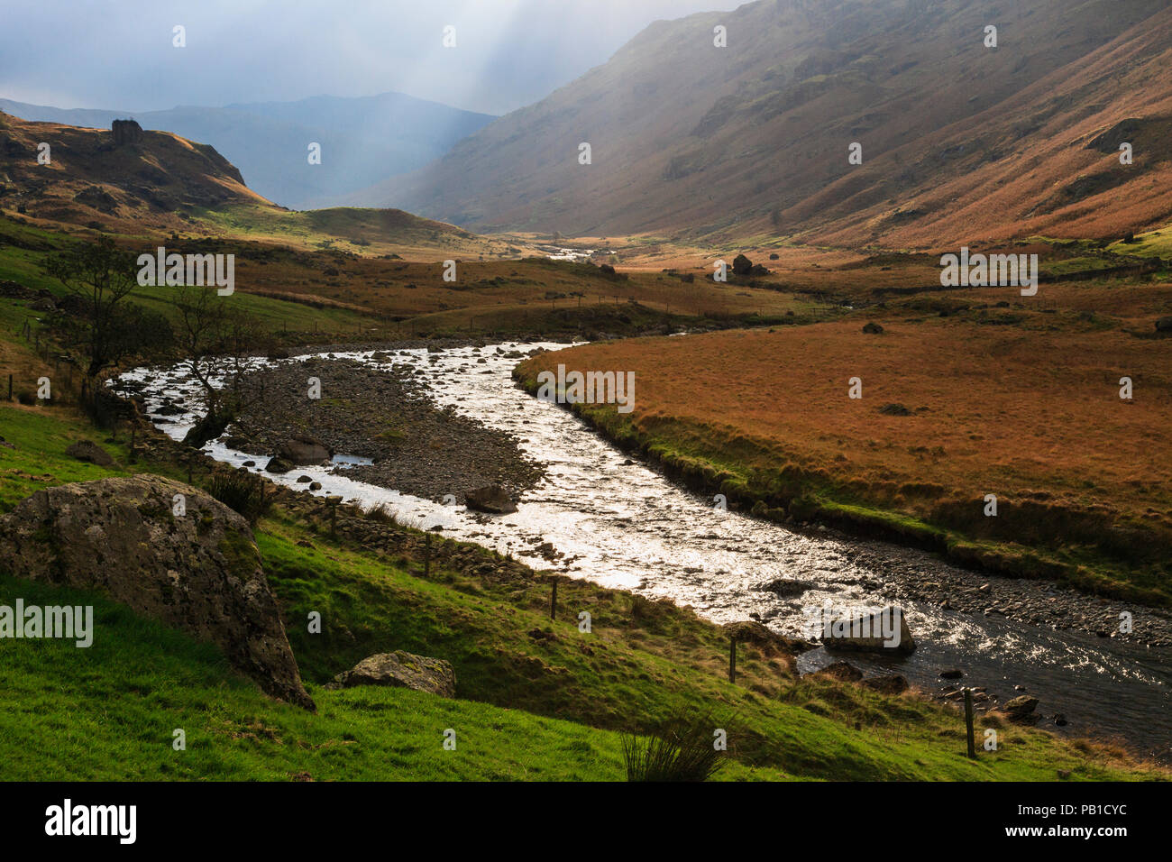 Moody autunno scena con Langstrath Beck che scorre attraverso la valle Langstrath nel Parco Nazionale del Distretto dei Laghi. Borrowdale Stonethwaite Cumbria Inghilterra England Regno Unito Foto Stock