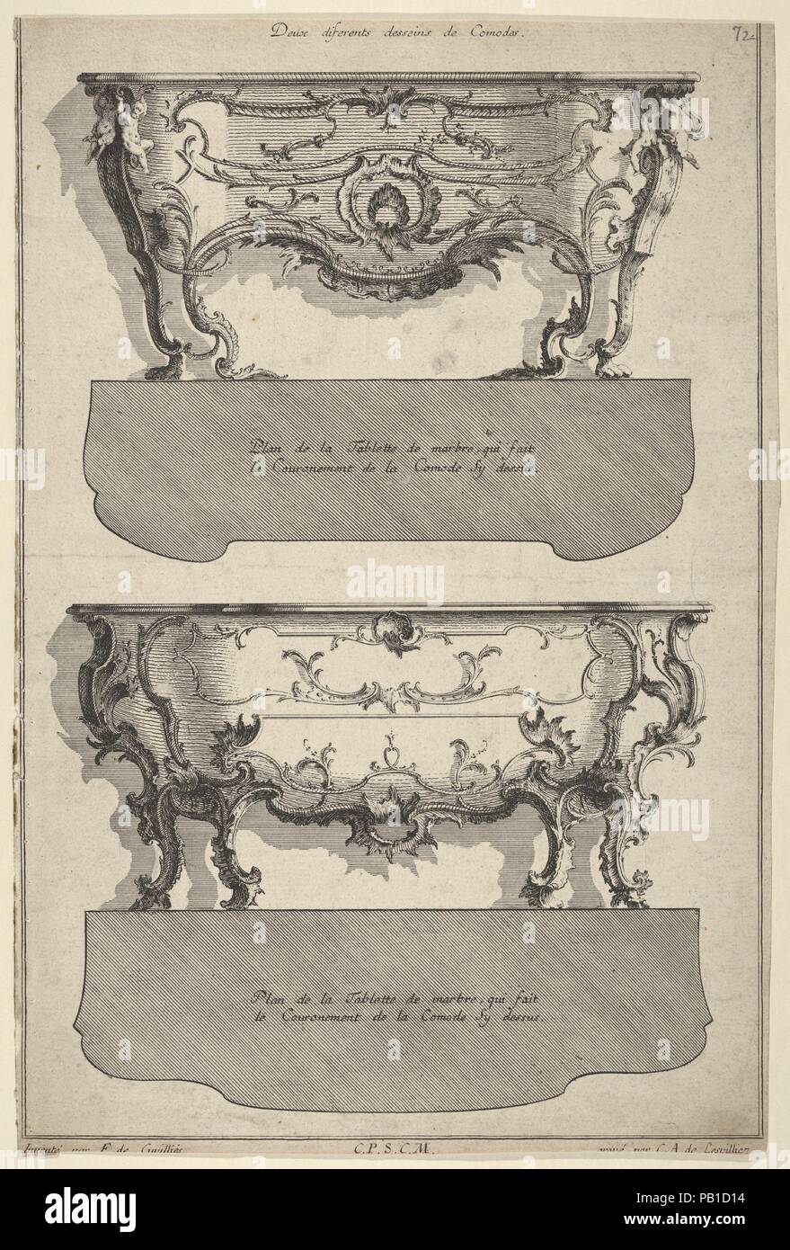 Disegni per due comò , dal " Livre de differenti dessein de Comodes'. Artista: Jean François Cuvilliés il vecchio (tedesco (nato belga), a Soignies 1695-1768 Monaco di Baviera). Dimensioni: foglio: 13 5/16 x 9 in. (33,8 × 22,8 cm). Incisore: Carl Albert von Lespilliez (Tedesco, 1723-1796 Nymphenburg Monaco di Baviera). Data: 1745-56. Due progetti per comò, posti uno sopra l'altro. Ogni commode è combinato con il contorno della trabeazione sotto a destra. Secondo il titolo completo di questa serie, il comò dovevano essere eseguiti in bianco con cornici dorate. Museo: Metropolitan Museum of Art di New York, Stati Uniti d'America. Foto Stock