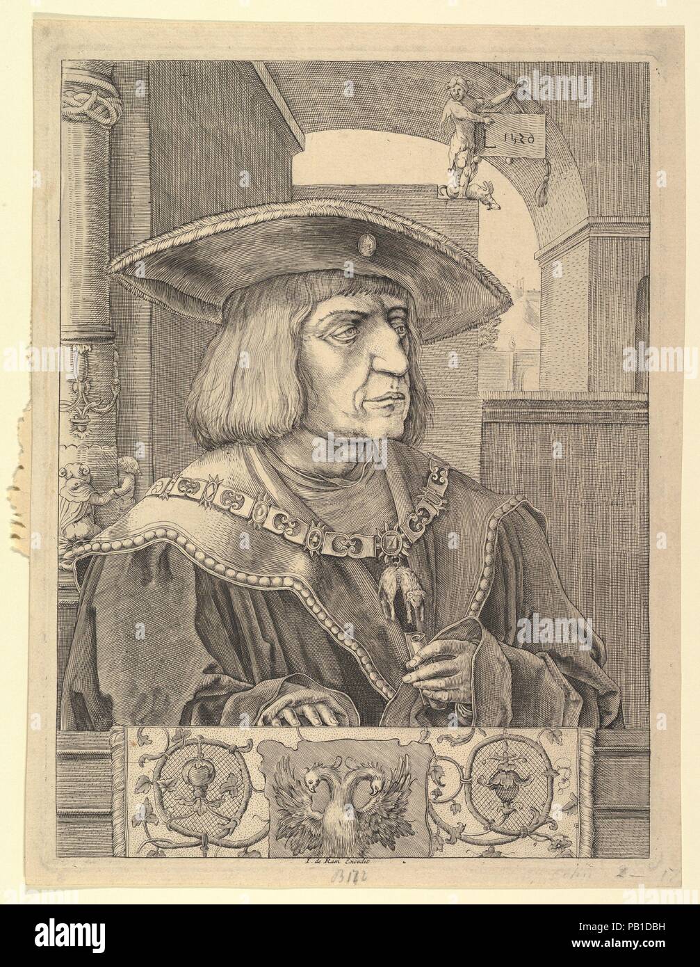 L'imperatore Massimiliano I (copy). Artista: Dopo Lucas van Leyden (Netherlandish, Leiden ca. 1494-1533 Leiden). Editore: pubblicato da Joannes de Ram (Olandese, 1648-1696 Amsterdam Amsterdam). Data: n.d.. Museo: Metropolitan Museum of Art di New York, Stati Uniti d'America. Foto Stock