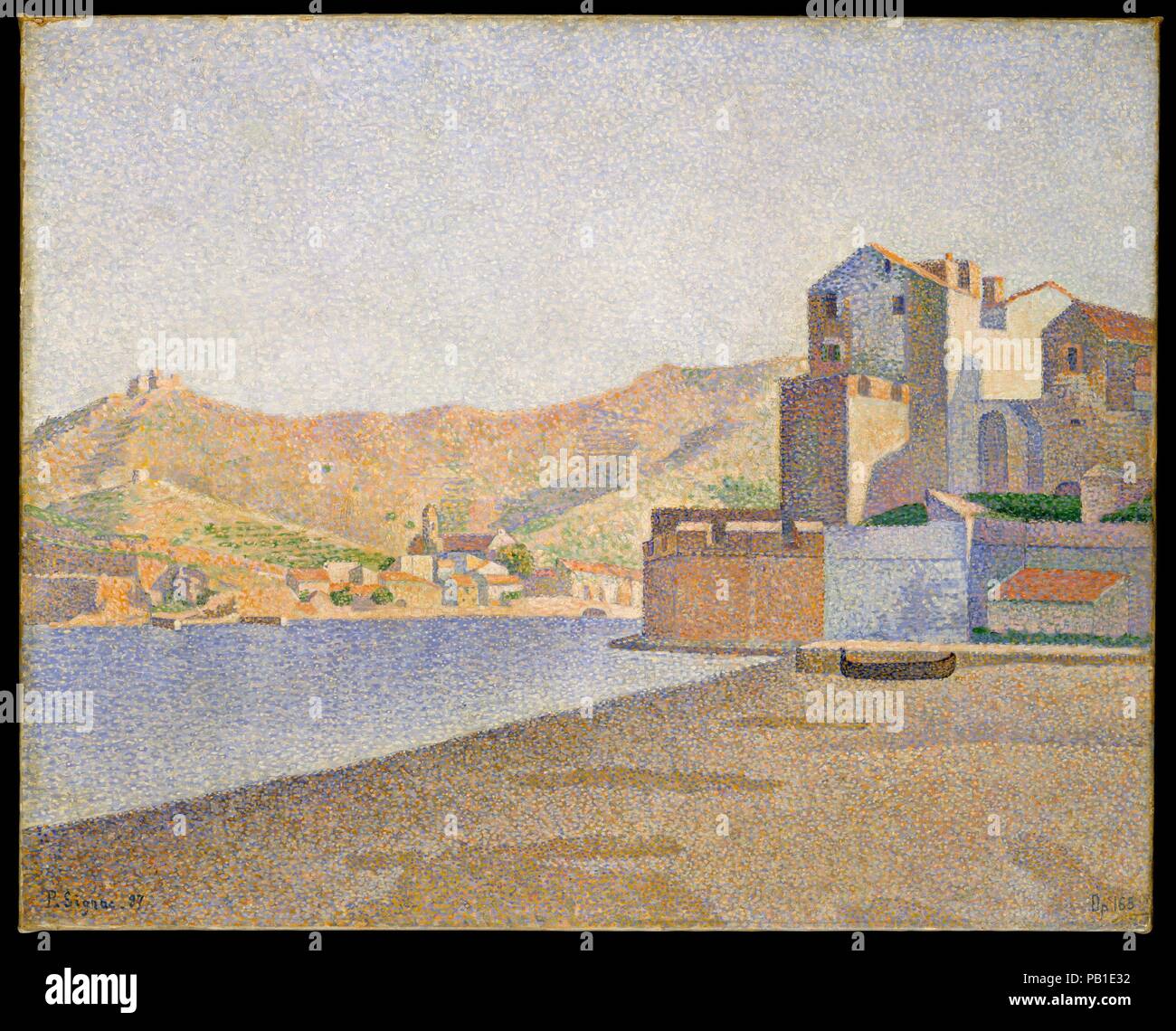 La spiaggia cittadina, Collioure, Opus 165 (Collioure. La Plage de la ville. Opus 165). Artista: Paul Signac (francese, Parigi Parigi 1863-1935). Dimensioni: 24 3/4 x 31 1/2 in. (62,9 x 80 cm). Data: 1887. Inizio nel 1886, Signac lavorato in stile Neoimpressionist, stratificazione punti e trattini di vernice per creare ottico effetti colorati. Visto da vicino, l'occhio registra i piccoli segni del pennello di pigmento come staccato; visto da una distanza, tuttavia, l'occhio si fonde i colori e appaiono come grandi, coesive forme. La Lehman immagine è uno dei quattro paesaggi estivi che Signac verniciate durante il suo s Foto Stock