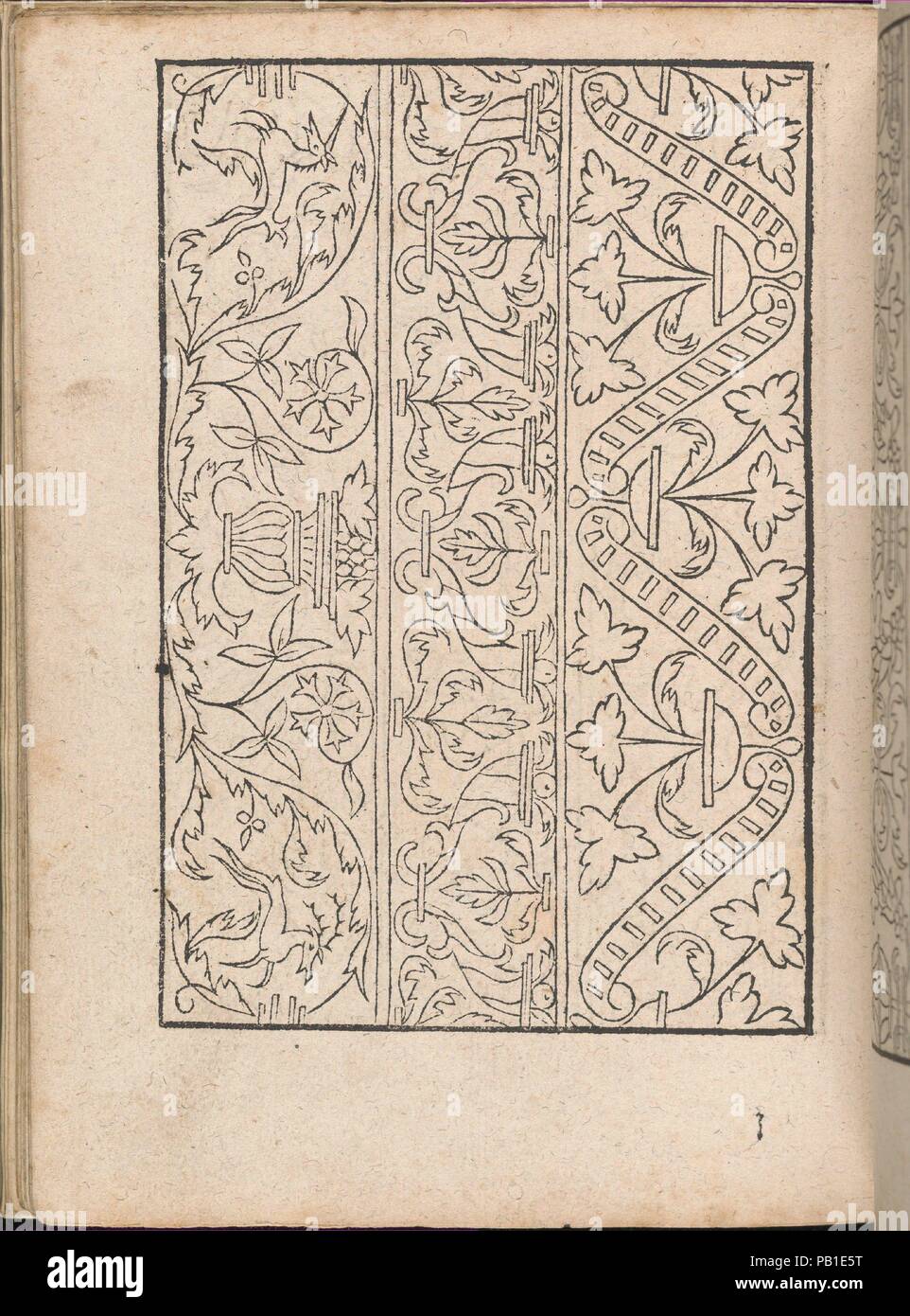 Nuovo Modelbüch allen Nägerin u. Sydenstickern (pagina 20v). Progettista: Hans Hoffman (tedesco, attivo a Strasburgo, 1556). Dimensioni: complessivo: 7 5/16 x 5 5/16 in. (18,5 x 13,5 cm). Editore: Giacobbe Frölich , Strassburg. Data: 1556. Progettato da Hans Hoffman (tedesco, attivo Strasburgo 1556) e pubblicata da Jacob Fr?lich, Strasburgo. Illustrati nella pagina del titolo con Hoffman monogramma, narrativa di scena sul verso della pagina del titolo, dedizione (2 pagine), 49 pagine di disegni e modelli, pagina con editore informazioni, narrativa e la scena in ultima pagina. Museo: Metropolitan Museum of Art di New York, Stati Uniti d'America. Foto Stock