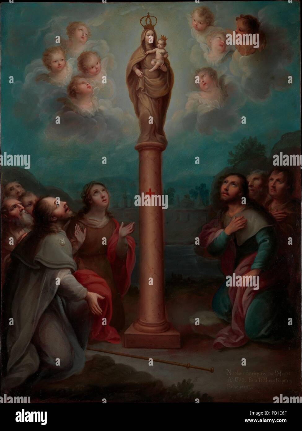 L apparizione della Vergine del Pilar a San Giacomo. Artista: Nicolás Enríquez (Messicano, 1704-1790). Dimensioni: 22 1/4 × 16 1/2 in. (56,5 × 41,9 cm) incorniciato: 25 1/4 × 19 3/4 x 1 1/2 in. (64,1 × 50,2 × 3,8 cm). Data: 1773. Questo dipinto raffigura la miracolosa apparizione della Vergine Maria a San Giacomo vicino al giorno attuale città di Saragozza. Secondo la tradizione la Vergine, che appare in cima a un pilastro di pietra, è stato portato da Gerusalemme dagli angeli per incoraggiare san Giacomo nella sua evangelizzazione della Spagna. La Vergine del Pilar, patrona di Aragona, è venerata in tutto il mondo in spagnolo. In Foto Stock