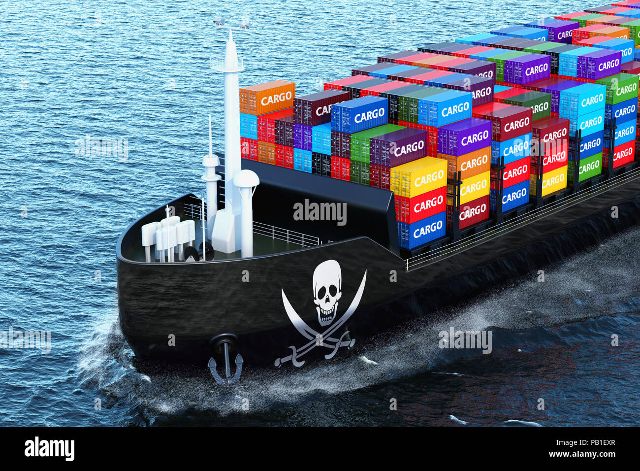 Nave cargo con il contrabbando di pirateria ai contenitori di carico a vela in oceano, rendering 3D Foto Stock