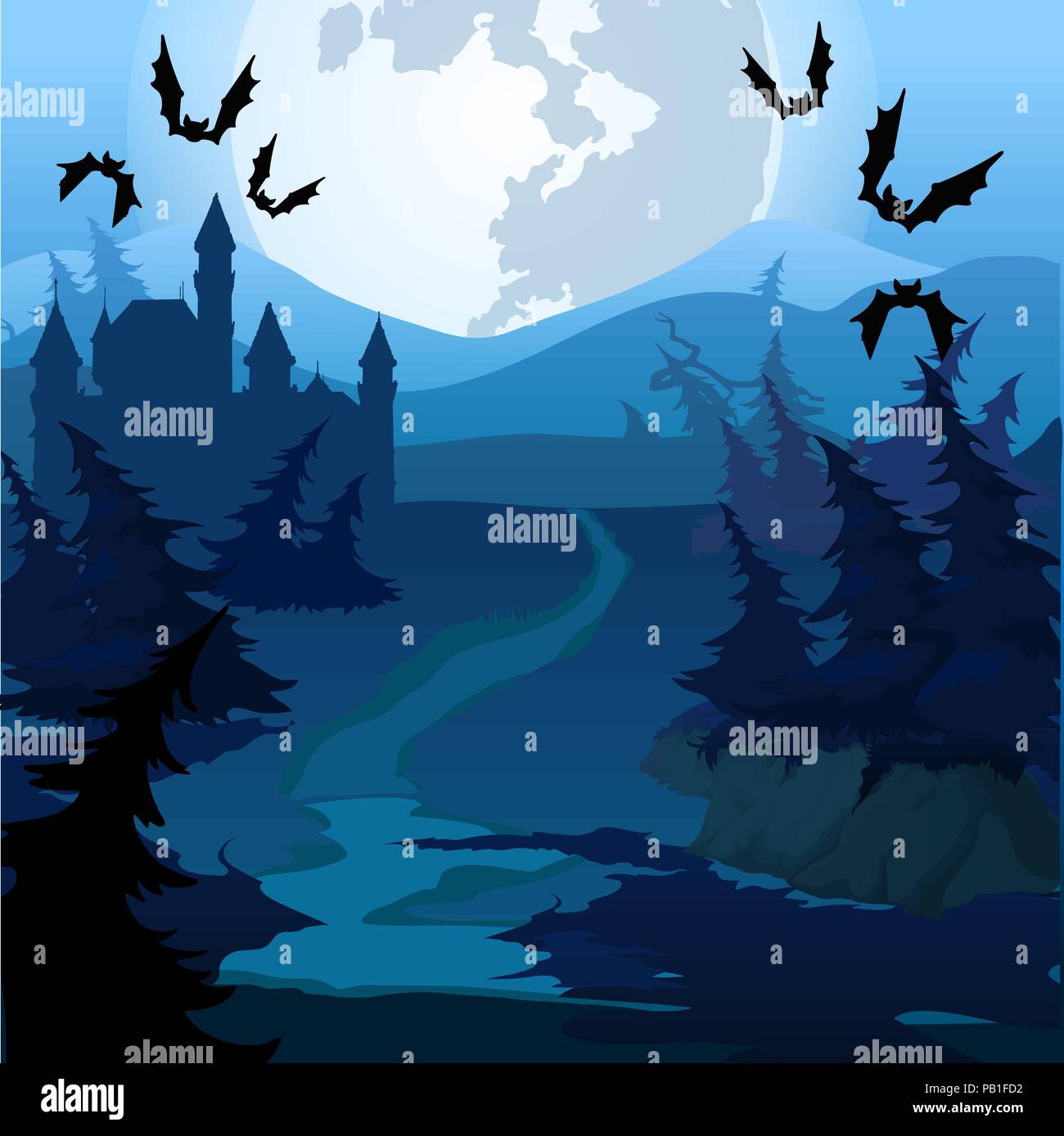 Il percorso attraverso il bosco incantato di notte. Vector cartoon close-up  illustrazione Immagine e Vettoriale - Alamy