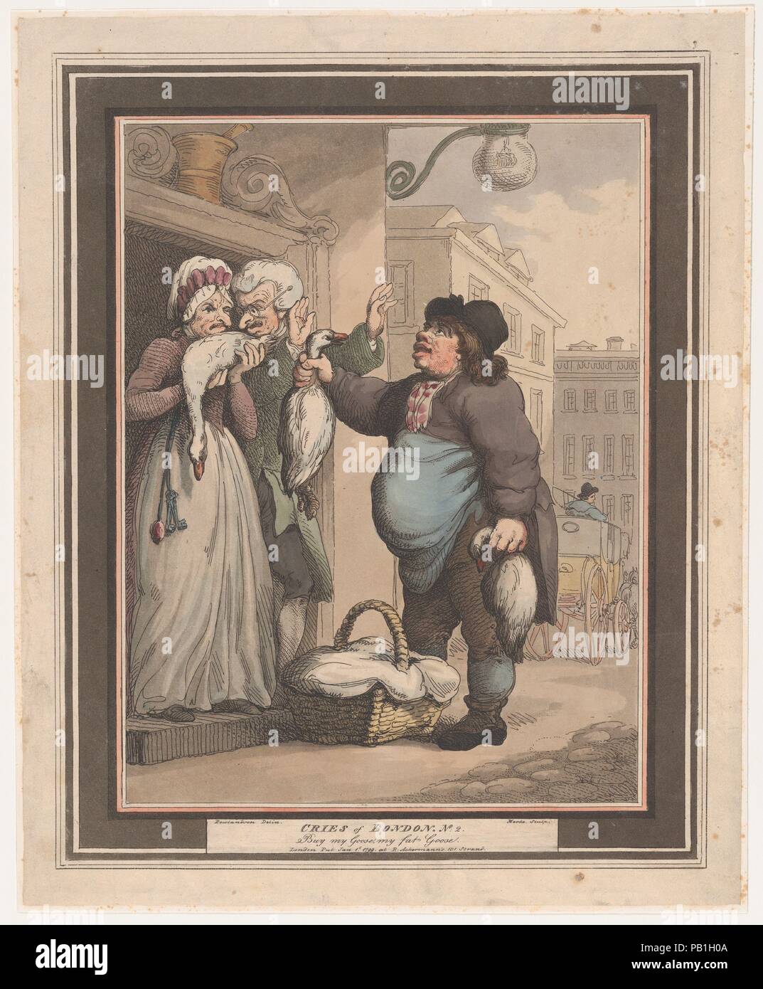 Grida di Londra, No. 2: acquista la mia oca, il mio fat oca. Artista: Dopo Thomas Rowlandson (British, Londra Londra 1757-1827); Henri Merke (Swiss, Niederweningen, canton Zurigo ca. 1760-dopo il 1820). Dimensioni: foglio: 14 1/8 × 11 7/16 in. (35,8 × 29 cm). Editore: R. Ackermann (attivo 1794-1829). Serie/Portfolio: Grida di Londra. Data: Gennaio 1, 1799. Museo: Metropolitan Museum of Art di New York, Stati Uniti d'America. Foto Stock