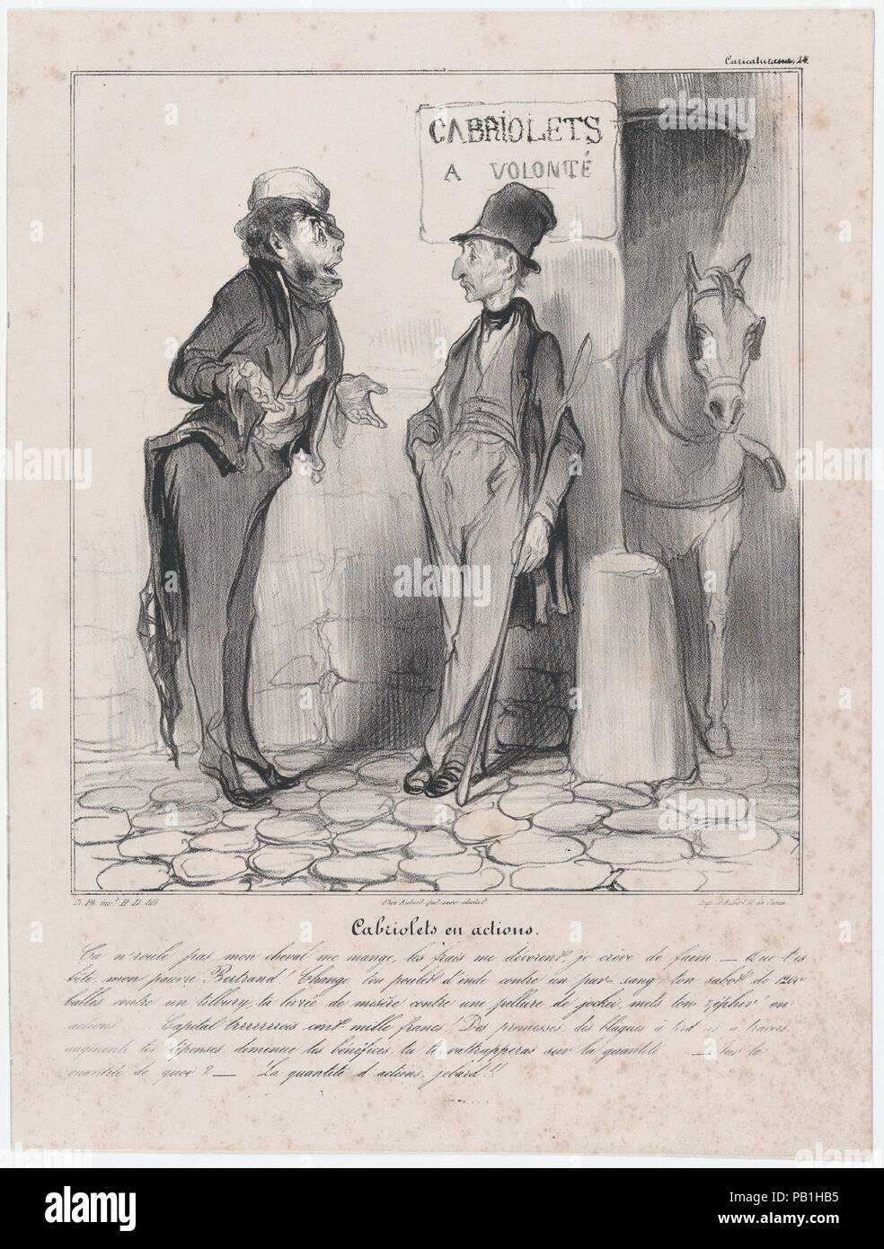 La piastra 24: concerti in azione, da 'Caricaturana", pubblicato in Les Robert Macaires. Artista: Honoré Daumier (francese, Marsiglia 1808-1879 Valmondois). Autore: Charles Philipon (francese, Lione 1800-1862 Paris). Dimensioni: Immagine: 9 5/8 x 8 1/2 in. (24,4 × 21,6 cm) foglio: 13 7/16 × 10 1/16 in. (34,1 × 25,6 cm). Stampante: Aubert et Cie; Junca. Editore: Aubert et Cie. serie/Portfolio: 'Caricaturana'. Data: 1838. - Le cabriolet e una quota a cavallo business. Esso non funziona, il mio cavallo mangia di me viva, i miei costi mi divorano, sto morendo di fame. - Povero vecchio Bertrand, sei veramente stupido. Cambiare il vostro vecchio Foto Stock