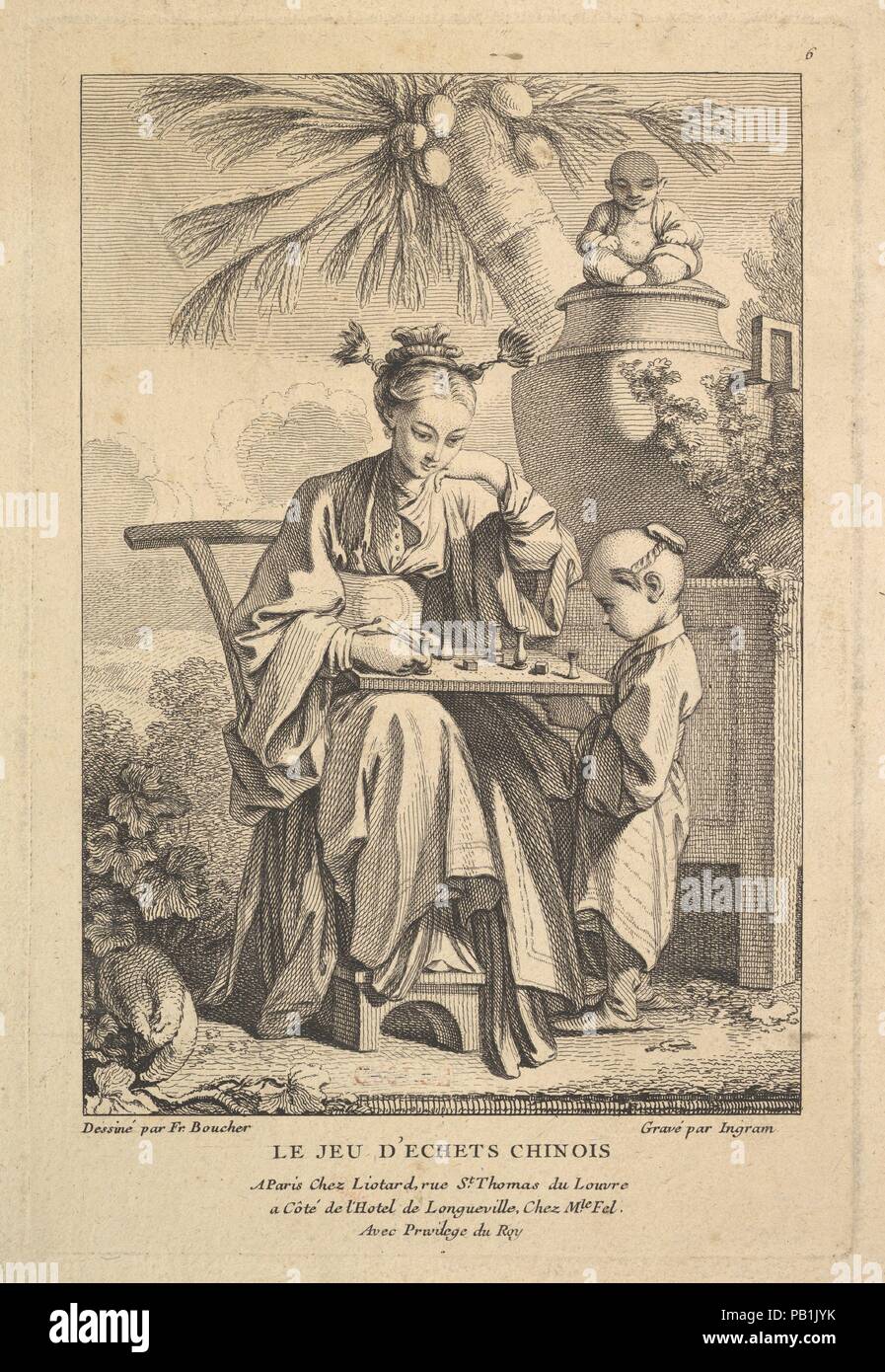 Il gioco degli scacchi cinesi. Artista: Dopo François Boucher (francese, Parigi 1703-1770 Parigi); John Ingram (British, Londra 1721 attivo per 1763). Dimensioni: foglio: 15 1/2 x 10 7/8 in. (39,4 x 27,7 cm) piastra: 9 5/8 x 6 7/16 in. (24,5 x 16,4 cm). Data: 1741-63. Museo: Metropolitan Museum of Art di New York, Stati Uniti d'America. Foto Stock