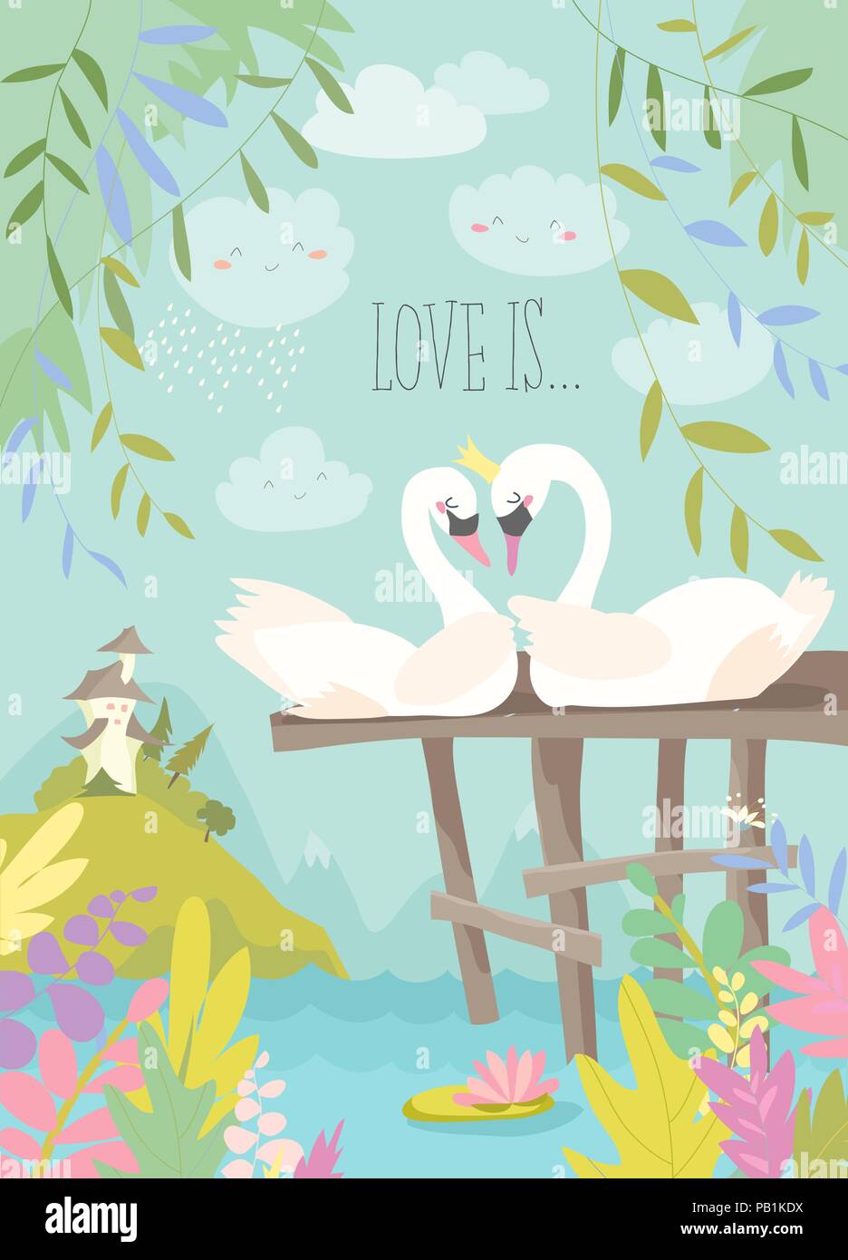 Cartoon cigni nell'amore. Fiaba concetto. Illustrazione Vettoriale