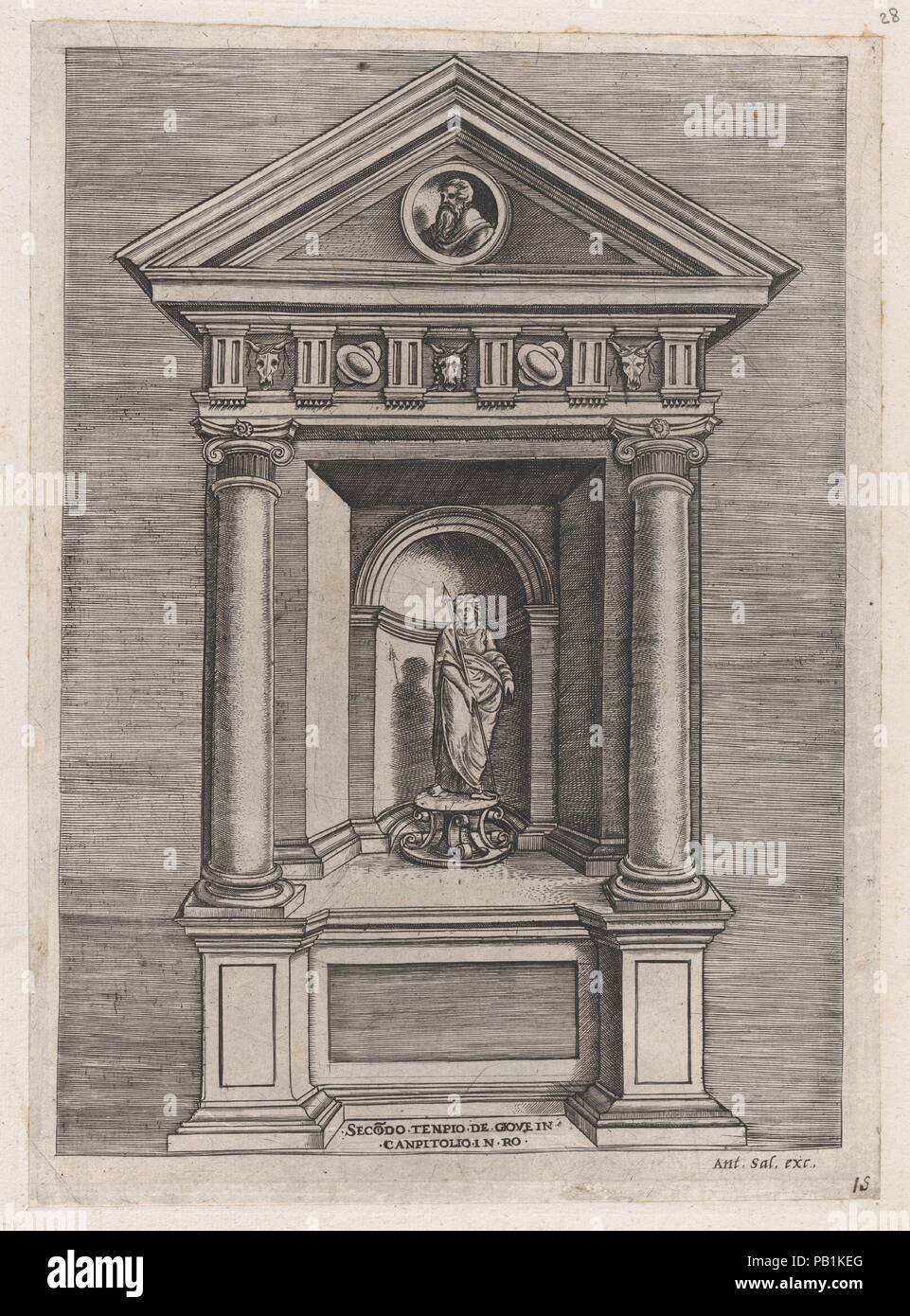Speculum Romanae Magnificentiae": Temple-Altar di Giove come una gioventù. Artista: Scuola di Marcantonio Raimondi (italiano, argini (?) ca. 1480-prima 1534 Bologna (?). Dimensioni: foglio: 17 15/16 x 12 3/16 in. (45,5 x 31 cm) foglio: 11 1/4 x 8 1/4 in. (28,5 x 21 cm). Editore: Antonio Salamanca (Salamanca Roma 1478-1562). Serie/Portfolio: Speculum Romanae Magnificentiae". Data: XVI secolo. Questa stampa proviene dal museo della copia del Speculum Romanae Magnificentiae" (Lo specchio della magnificenza romana) lo specolo trova la sua origine nella pubblicazione si sforza di Antonio Salamanca e Antonio Lafr Foto Stock