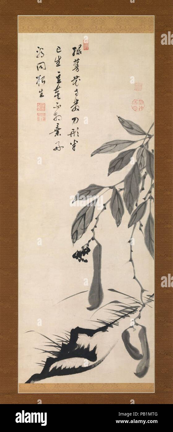 Vitigno di fagiolo. Artista: Ito Jakuchu (giapponese, 1716-1800). Calligrapher: inscritta dal MUSEN Jozen (giapponese, 1693-1764). Cultura: il Giappone. Dimensioni: Immagine: 49 1/2 x 18 7/8 in. (125,7 x 47,9 cm) complessivamente con il montaggio: 75 5/8 x 24 1/4 in. (192.1 x 61,6 cm) in generale con le manopole: 75 5/8 x 26 1/2 in. (192.1 x 67,3 cm). Data: metà del XVIII secolo. Ito Jakuchu, figlio di un fruttivendolo, utilizzati ortaggi e piante come una personale iconografia che quasi sempre inclusa una morale o significato religioso. Questo bel disegno di una pianta di fagiolo, accoppiato con una poesia di Obaku monaco Zen Musen Jozen (Tangai), si riferisce a una storia di abo Foto Stock
