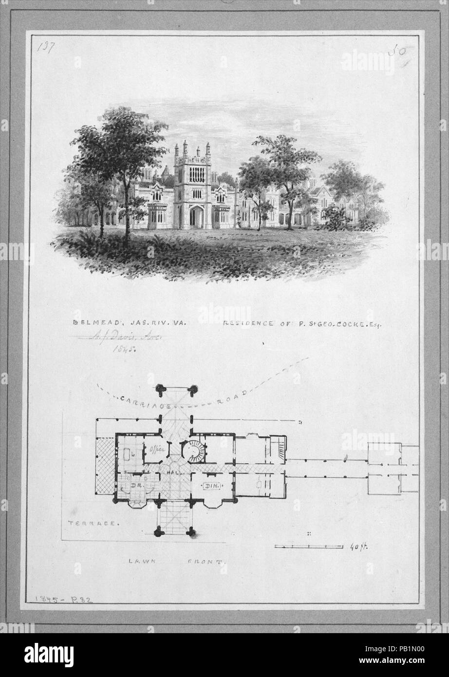 "Belmead', James River, Virginia, residenza di Filippo San Giorgio Cocke (vignette di riverside elevazione e piano). Artista: Alexander Jackson Davis (American, New York 1803-1892 di West Orange, New Jersey). Dimensioni: foglio: 8 3/8 x 5 13/16 in. (21,2 x 14,7 cm). Data: 1845. Museo: Metropolitan Museum of Art di New York, Stati Uniti d'America. Foto Stock