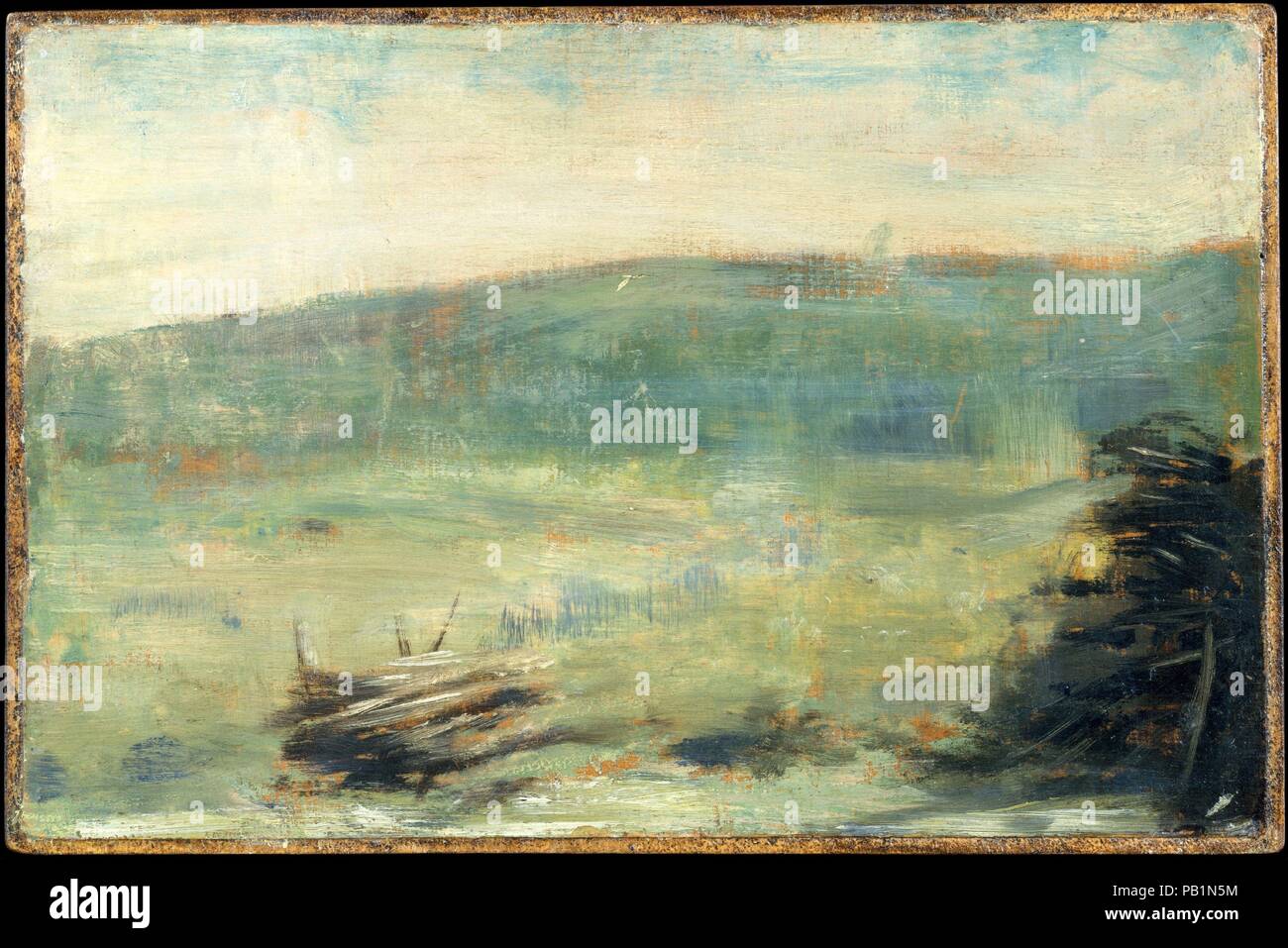Paesaggio di Saint-Ouen. Artista: Georges Seurat (francese, Parigi Parigi 1859-1891). Dimensioni: complessivamente 6 7/8 x 10 3/8 in. (17,5 x 26,4 cm); superficie verniciata 6 5/8 x 10 in. (16,8 x 25,4 cm). Data: 1878 o 1879. Datata al 1878 o 1879, questa è la prima nota di Seurat il paesaggio di schizzi di olio. Il suo buon amico, l'artista Aman-Jean, ricordato lui dipinto sul sito di Saint-Ouen, un sobborgo a nord di Parigi. Seurat introdotto caldo-aranciato tonalità marrone nella composizione facendo in modo che il pannello di legno supporto per visualizzare tramite tra il suo pennellate. Questo lavoro è stato originariamente parte di un doppio lato Foto Stock