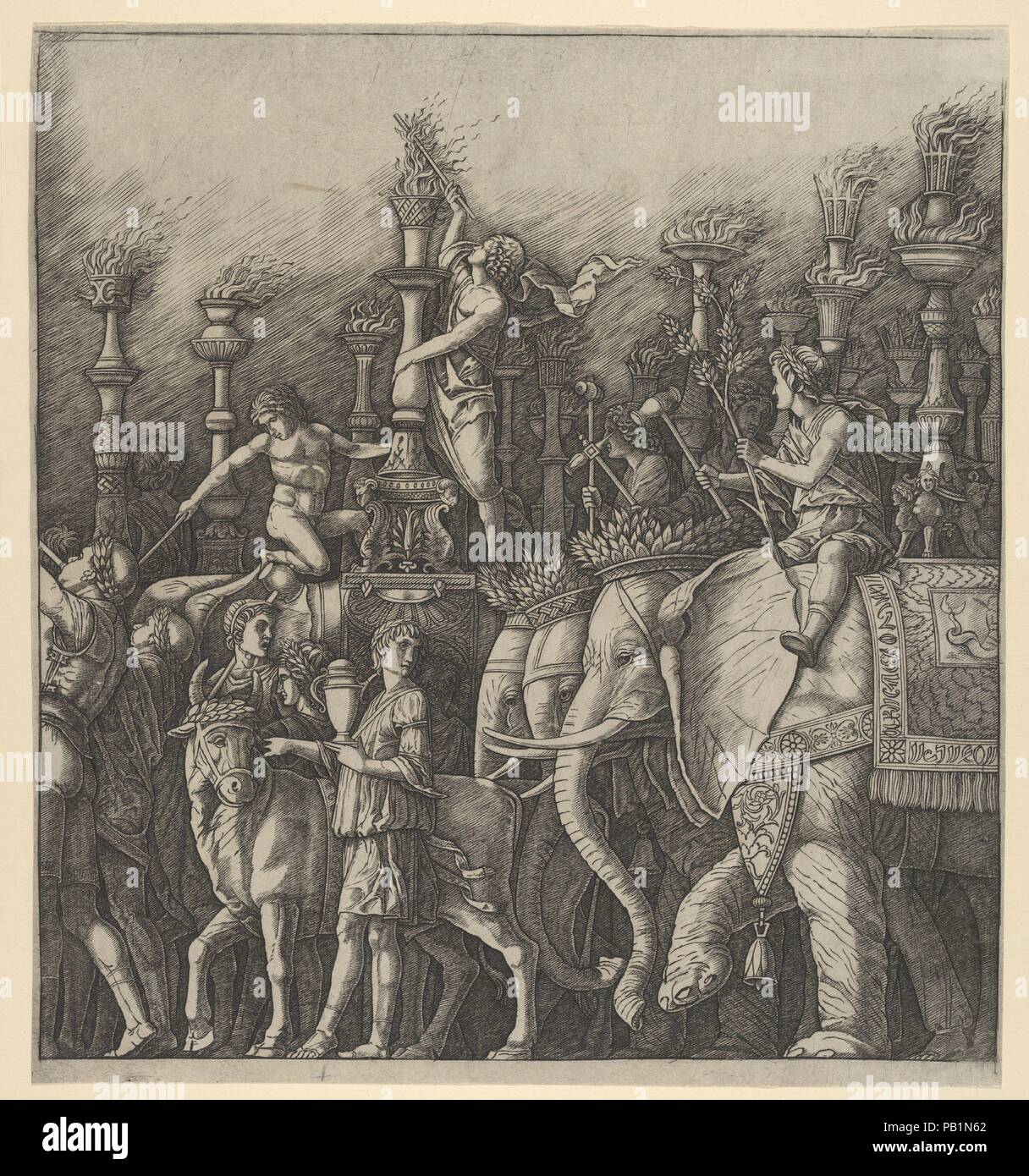 Il Trionfo di Cesare: gli elefanti. Artista: Dopo Andrea Mantegna (italiano, Isola di Carturo 1430/31-1506 Mantova); attribuita a Giovanni Antonio da Brescia (italiano, attivo ca. 1490-ca. 1525). Dimensioni: foglio: 11 5/16 x 10 7/16 in. (28,8 x 26,5 cm). Museo: Metropolitan Museum of Art di New York, Stati Uniti d'America. Foto Stock