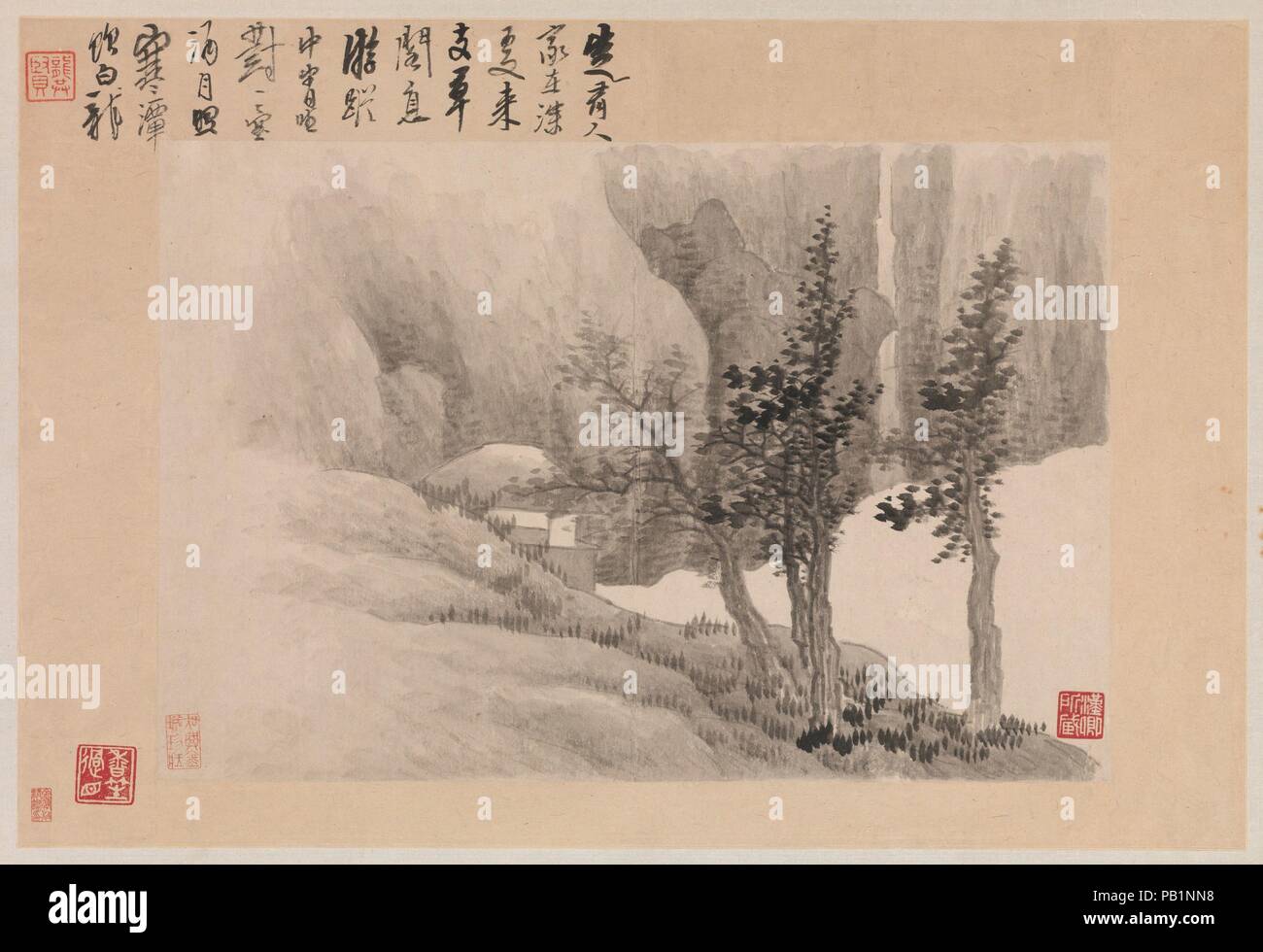 Paesaggi con poesie. Artista: Gong Xian (Cinese, 1619-1689). Cultura: la Cina. Dimensioni: 10 13/16 x 14 1/16". (27,5 x 35.7cm) complessivamente con il montaggio: 16 1/8 x 22 7/8a. (41 x 58.1cm)/pittura calligrafia: 13 15/16 x 20 9/16a. (35,4 x 52.2cm). Data: 1688. In questo album di pittura e poesia, realizzato un anno prima della sua morte, Gong Xian presenta un luminoso la fiducia in sé stessi e appagamento. L'eremita preferiti della tormenta in ed intorno a Nanjing sono confrontati con le dimore del immortali. Come un insegnante di arte e autore di vari manuali sulla pittura, Gong perfezionato un inchiostro a lavare e punteggiando techni Foto Stock