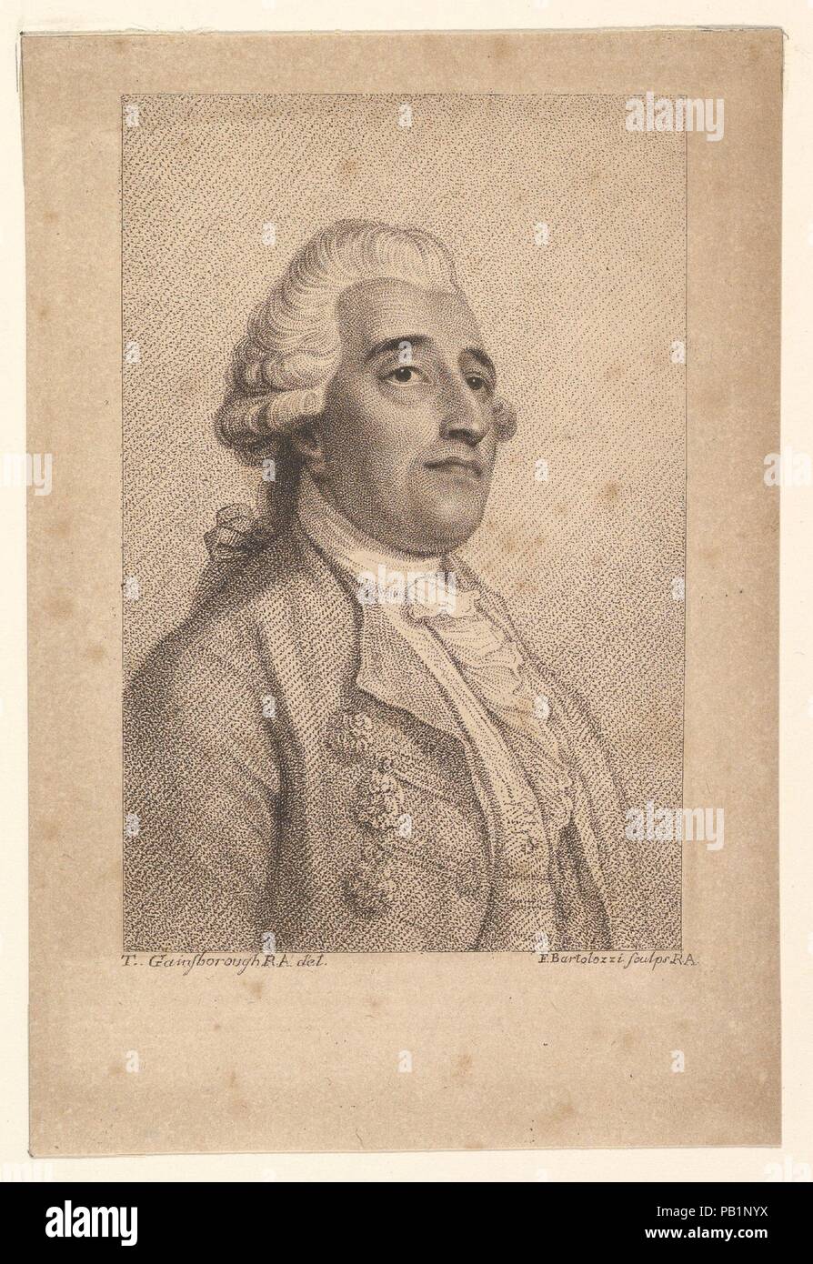 Francesco d' Ageno. Artista: Francesco Bartolozzi (italiano, Firenze 1728-1815 Lisbona); dopo Thomas Gaunsborough (British, Sudbury 1727-1788 Londra). Dimensioni: foglio: 6 1/4 x 4 1/4 in. (15,9 × 10,8 cm). Relatore per parere: Dopo Richard Cosway (British, Oakford, Devon 1742-1821 Londra). Sitter: Francesco d'Ageno (italiano, 1727-?1788). Data: 1785-90. Bartolozzi's stampa è basata su una miniatura da Cosway, derivata da un dipinto ad olio da Gainsborough. Questo secondo stato è apparso in 'Prose e rime del Signor Francesco d'Ageno, ultimamente Ministro della Repubblica di Genova alla corte della Gran Bretagna, Foto Stock