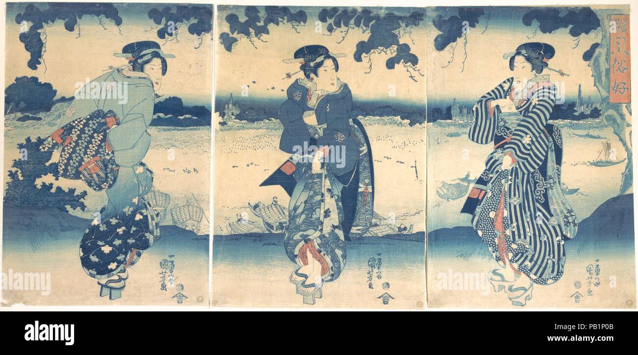 Le donne nei pressi di un fiume. Artista: Utagawa Kuniyoshi (giapponese, 1797-1861). Cultura: il Giappone. Dimensioni: a) H. 14 7/8 in. (37,8 cm); W. 10 1/8 in. (25,7 cm) b): H. 14 3/4 in. (37,5 cm); W. 10 3/8 in. (26,4 cm) c): H. 14 13/16 in. (37,6 cm); W. 10 1/16 in. (25,6 cm). Data: ca. 1850. In 1840s e 50s Kuniyoshi è stato notato per raffigurante bellezze nel trittico formato. Le sue immagini di donne ha dato un rotondo, morbido impressione nel 1840s, ma un angolare, più difficile impressione nel 1850s. La posizione dominante di blu in tutto tre fogli evidenzia efficacemente i tocchi di rosso nell'abbigliamento femminile. Ogni del thr Foto Stock