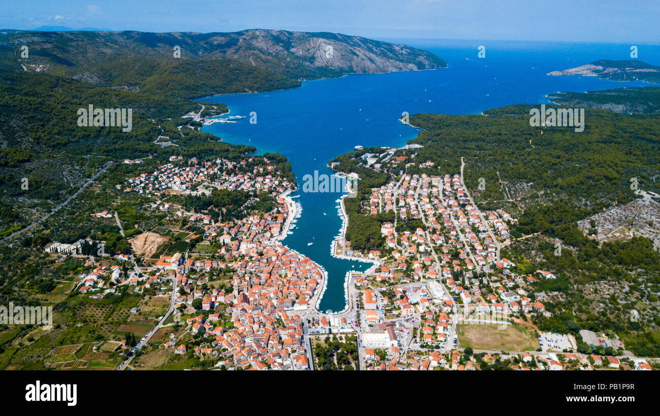 Vista aerea della città di Stari Grad, Isola di Hvar, Croazia Foto Stock