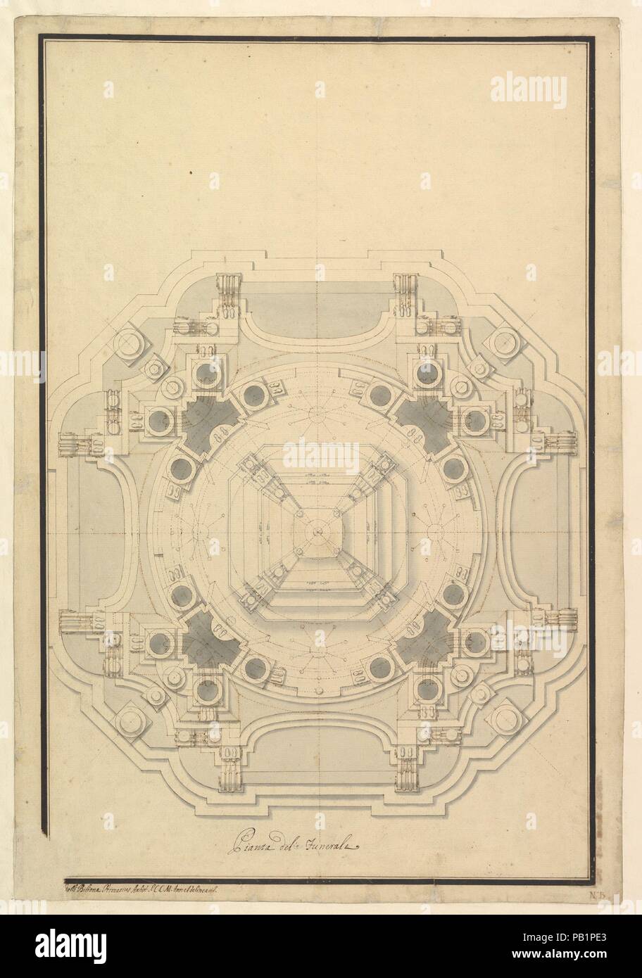 Il piano di massa per il Catafalque per Luigi XIV (d. 1715). Artista: Workshop di Giuseppe Galli Bibiena (italiano, Parma 1696-1756 Berlin). Dimensioni: 21-1/4 x 14-5/8 in. (54,0 x 37,1 cm). Data: ca. 1715. Museo: Metropolitan Museum of Art di New York, Stati Uniti d'America. Foto Stock