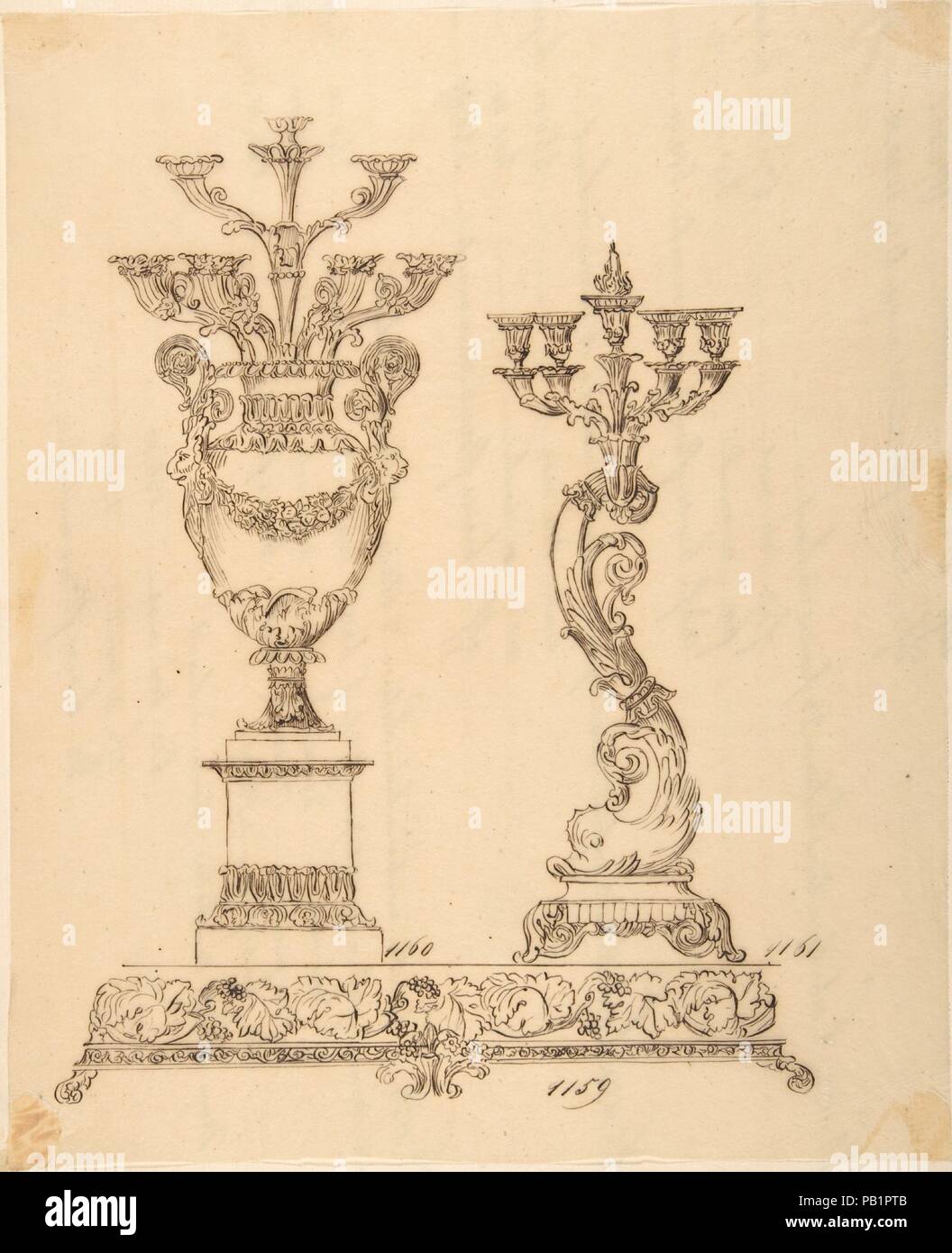 Disegni per due candelabri e un piedistallo. Artista: Anonimo, francese del XIX secolo. Dimensioni: foglio: 10 1/8 x 8 1/4 in. (25,7 x 20,9 cm). Data: del XIX secolo. Museo: Metropolitan Museum of Art di New York, Stati Uniti d'America. Foto Stock