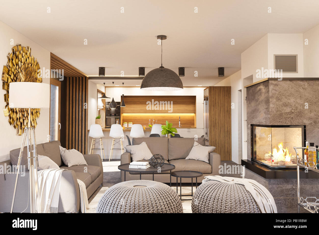 Soggiorno e cucina arredamento con camino. casa moderna in stile ... Cucina con camino
