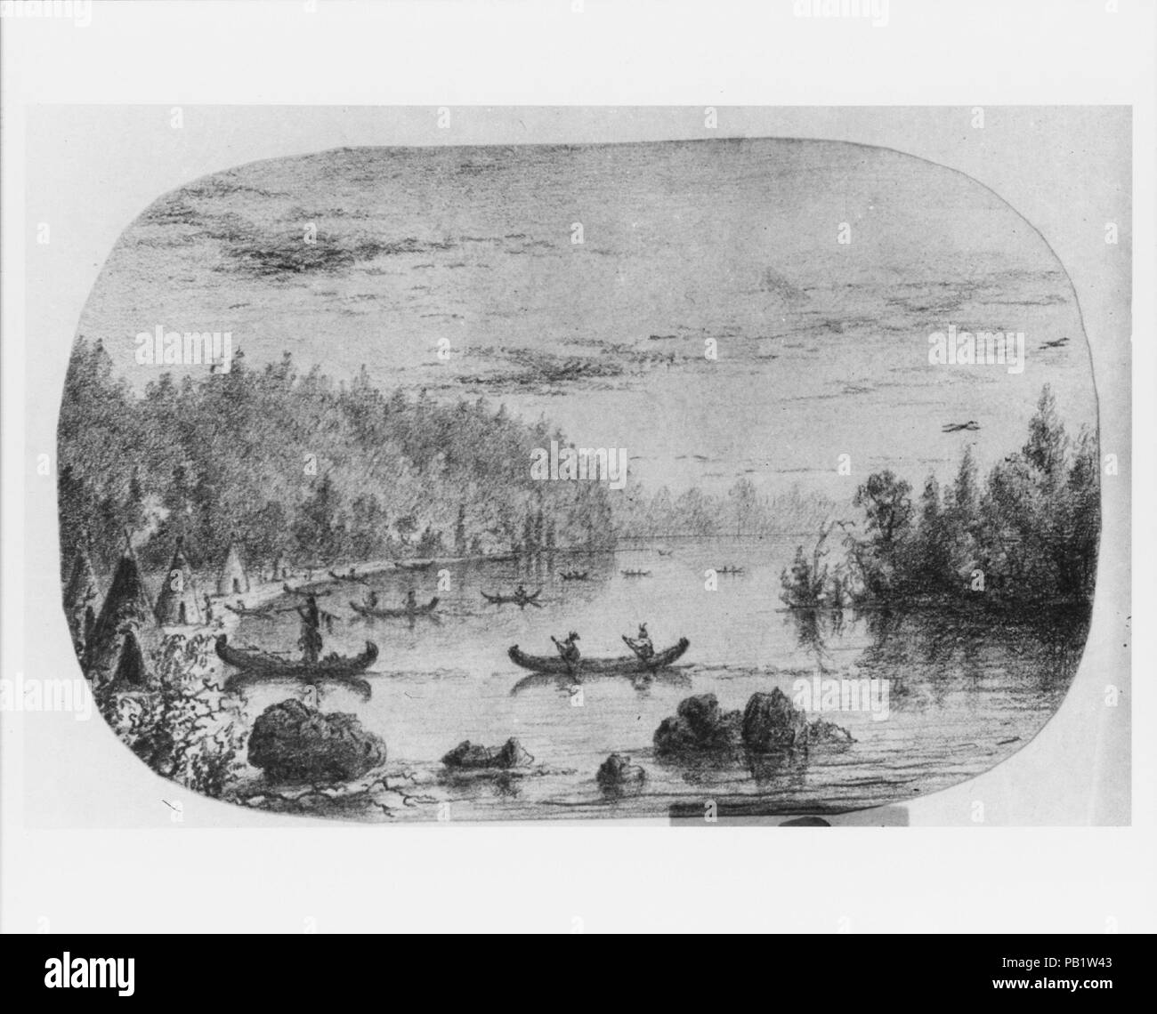 Gli indiani di ritorno da la caccia (da McGuire Scrapbook). Artista: Charles Lanman (1819-1895). Dimensioni: 2 15/16 x 4 5/8 in. (7,5 x 11,7 cm). Data: 1841. Il Michigan-nato Lanman viaggiato molto attraverso la parte orientale e midwestern Stati Uniti, facendo centinaia di schizzi per i suoi viaggi. Egli ha prodotto numerosi paesaggi panoramici abitata da Indiani Americani, di solito raffiguranti figure da una distanza e con un nostalgico sensibilità. Nel suo viaggio scritti, Lanman di tanto in tanto si riflette sulla liquidazione della regione dei Grandi Laghi e degli indiani la migrazione forzata dal loro nativa Foto Stock