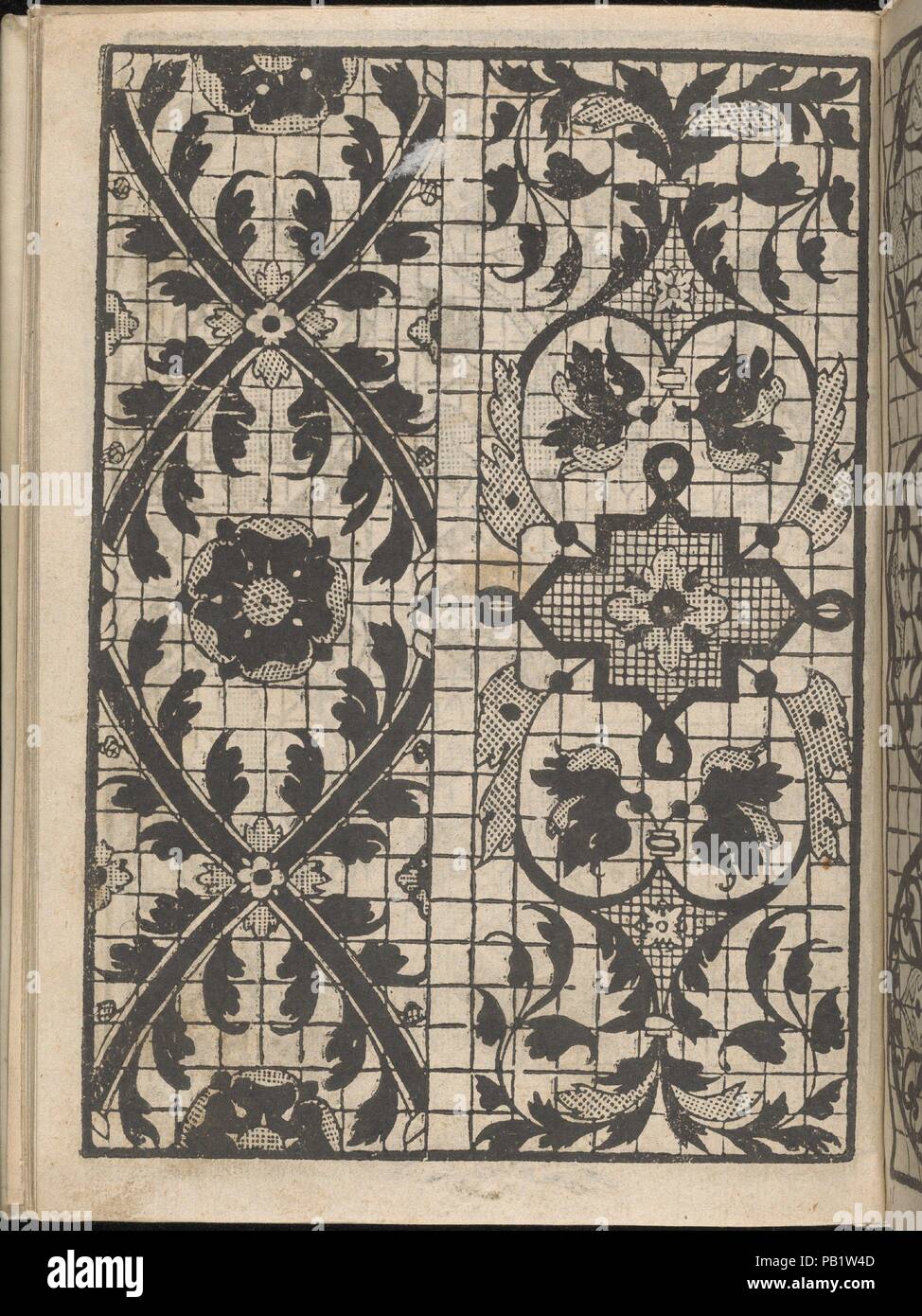 Splendore delle virtuose giovani, pagina 10 (verso). Progettista: Iseppo Foresto (italiano, attivo a Venezia, 1557). Dimensioni: complessivo: 7 1/2 x 5 1/2 in. (19 x 14 cm). Pubblicato in: Venezia. Editore: Jeronimo Calepio , Venezia. Data: 1564. Progettato da Iseppo Foresto, pubblicato da Jeronimo Calepio, Venezia. Dall'alto al basso e da sinistra a destra: Design composto da 2 colonne verticali stampata su una griglia. La colonna di sinistra è decorato con un motivo di intreccio 2 linee nere ovali di formatura che contengono un fiore al centro circondato da foglie. La colonna di destra è decorato con una griglia centrale quatre Foto Stock