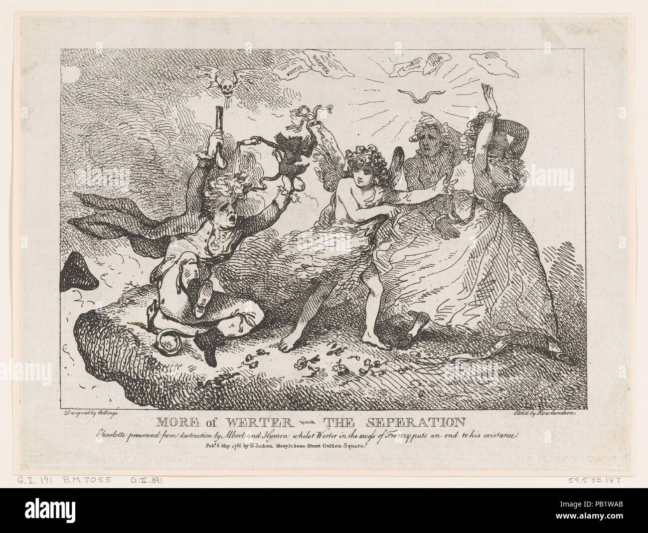 Più di separazione Werther-The: Charlotte preservata dalla distruzione di Albert e imene, mentre Werther in un accesso di frenesia e mette fine alla sua esistenza. Artista: Thomas Rowlandson (British, Londra Londra 1757-1827); dopo Samuel Collings (British, attivo 1784-95). Dimensioni: foglio: 10 1/4 × 13 7/8 in. (26,1 × 35,2 cm). Editore: E. Jackson (Londra). Data: 6 maggio 1786. Museo: Metropolitan Museum of Art di New York, Stati Uniti d'America. Foto Stock
