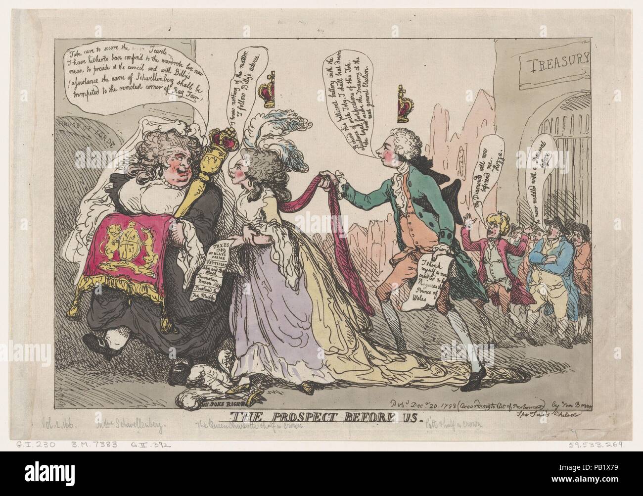 La prospettiva prima di noi. Artista: Thomas Rowlandson (British, Londra Londra 1757-1827). Dimensioni: foglio: 10 3/16 × 14 5/8 in. (25,8 × 37,2 cm) Piastra: 9 3/4 × 13 3/4 in. (24,8 × 35 cm). Editore: Samuel William Fores (British, 1761-1838). Oggetto: Charles James Fox (British, 1749-1806); Georgiana Cavendish, duchessa di Devonshire (British, Wimbledon, Surrey 1757-1806 Devonshire); William Pitt il Giovane (British, 1759-1806); Warren Hastings (British, 1732-1816); 3° duca di Portland (British, 1738-1809 Buckinghamshire); George IV Re di Gran Bretagna e Irlanda (British, Londra 1762-1830 W Foto Stock