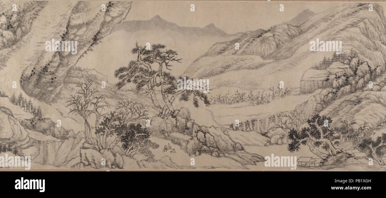 Viaggiare in mezzo a torrenti e montagne. Artista: Liu Yu (Cinese, 1620-dopo il 1689). Calligrapher: inscritta da Liu Yu (Cinese, 1620-dopo il 1689). Cultura: la Cina. Dimensioni: 10 3/8 x 200 1/4 in. (26,4 x 508.6 cm.). Data: datata 1680. Lavorando in cosmospolitan città di Nanjing, Liu Yu è stata esposta ad una vasta gamma di influenze artistiche. La sua montagna volumetrico masse disposte in schemi di spazzamento riflettono l'influenza di Dong Qichang (1555-1636). Il pallido, pennellata a secco insieme fuori dal jet black fogliame punti suggerisce la familiarità con la Scuola di Anhui pittori, mentre il fantastico paesaggio di formazioni di un Foto Stock