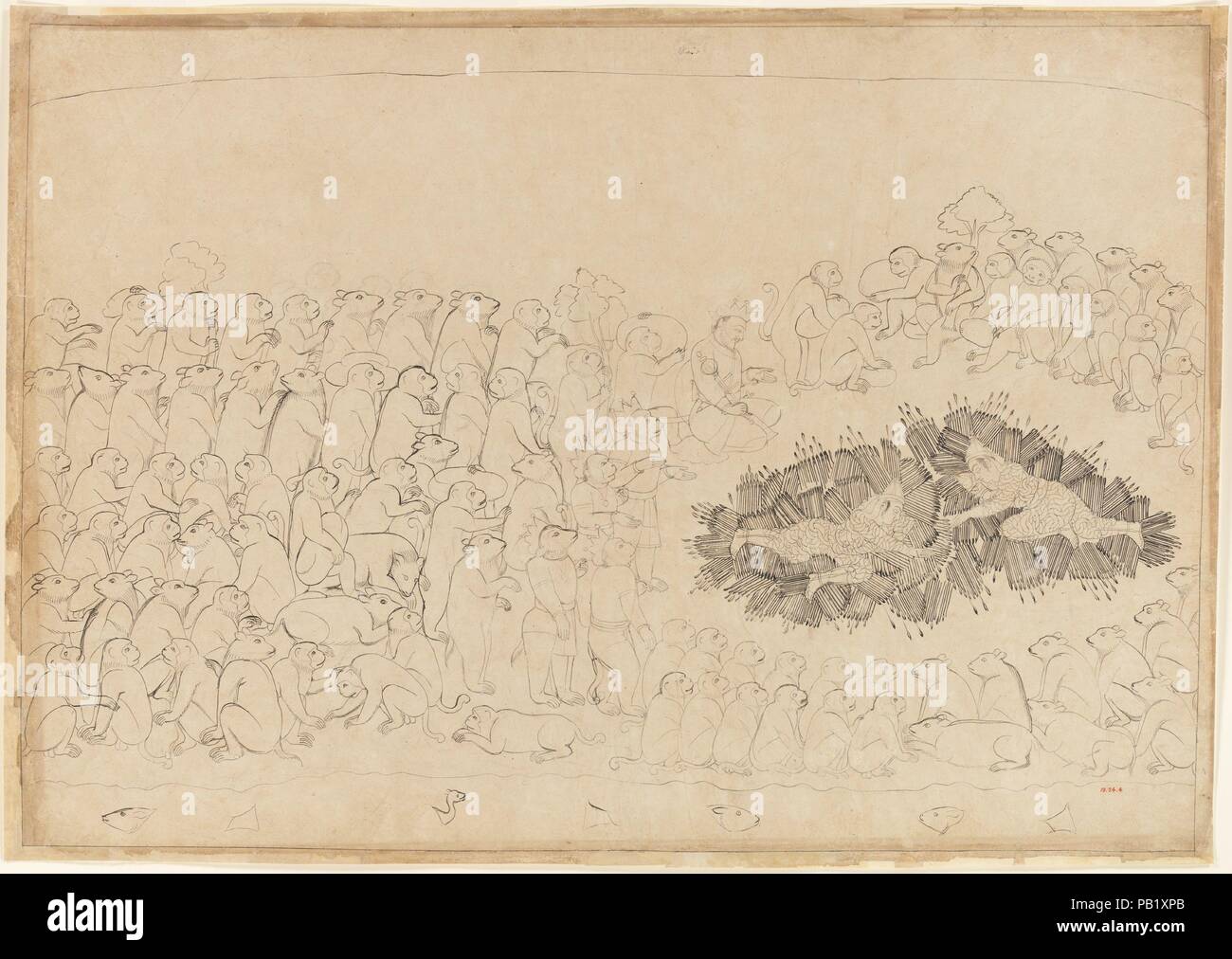 Rama e Lakshmana sopraffatti dalle frecce: Folio da un Ramayana 'Siege di Lanka' serie. Artista: attribuito a Manaku (active ca. 1725-60). Cultura: India (Guler, Himachal Pradesh). Dimensioni: pagina: 23 1/2 x 33 in. (59,7 x 83,8 cm) immagine: 22 3/8 x 31 1/2 in. (56,8 x 80 cm). Data: ca. 1725. 'Il rendering di se stesso invisibile in virtù della manna che egli ha ricevuto dal Brahma, [Indrajit, figlio di Ravana] . . . Allentato frecce appuntite luminose come alleggerimento su Rama e Lakshmana . . . [In modo] non un capello di respiro sui loro corpi non era lacerata, punga e forato da queste irresistibile freccette.' Il Ramayana Foto Stock