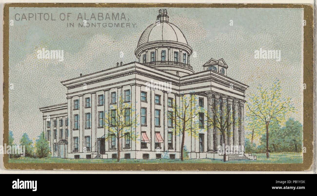 Capitol di Alabama in Montgomery, dal Governo Generale e lo State Capitol edifici serie (N14) per Allen & Ginter marche di sigarette. Dimensioni: foglio: 1 1/2 x 2 3/4 in. (3,8 x 7 cm). Litografo: Gast litografia incisione & Company (American, New York). Editore: Rilasciato da Allen & Ginter (American, Richmond, Virginia). Data: 1889. Scambio di carte dal 'governo generale e lo State Capitol edifici" serie (N14), rilasciato nel 1889 in un set di 50 schede per promuovere Allen & Ginter marca di sigarette. Museo: Metropolitan Museum of Art di New York, Stati Uniti d'America. Foto Stock