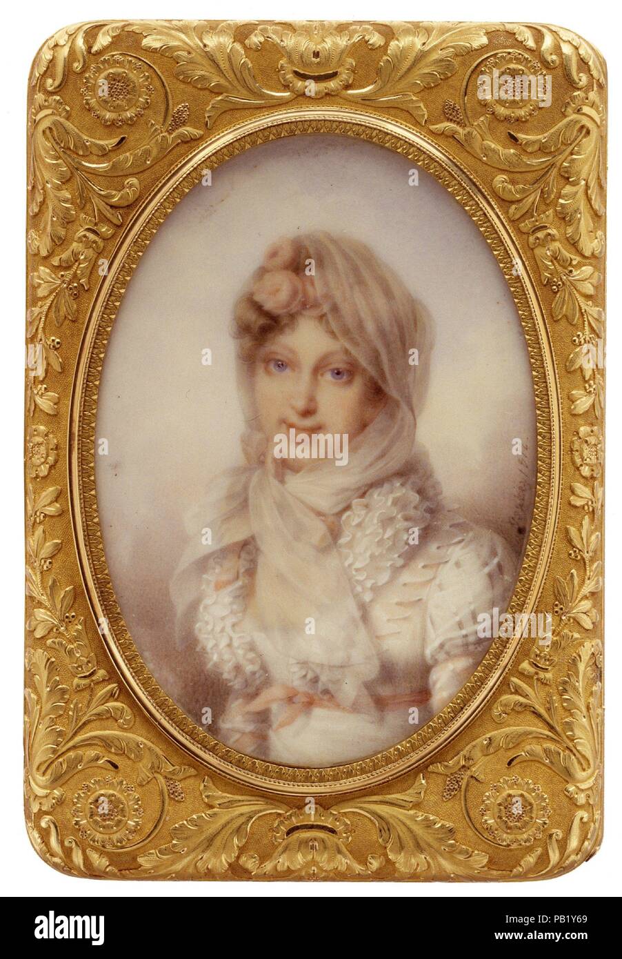 Tabacchiera con miniatura dell'imperatrice Maria-Luisa, il Re di Roma e Napoléon I. Artista: Miniature di scuola di Jean-Baptiste Isabey (francese, Nancy 1767-1855 Parigi); ed eventualmente da Madame Lizinka Aimée Zoé de Mirbel (1796-1849). Cultura: francese, Parigi. Dimensioni: 3-1/8 x 2-1/2 in. (7,9 x 6,4 cm); l'imperatrice Maria-Luisa, ovale, 2 1/4 x 1 5/8 in. (58 x 41 mm); Re di Roma, ovale, 2 1/4 x 1 5/8 in. (56 x 40 mm); Napoléon I, ovale, 2 x 1 1/2 in. (49 x 38 mm). Autore: Gabriel-Raoul Morel (attivo 1798-ca. 1827). Data: ca. 1815. Realizzato da Gabriel-Raoul Morel in circa 1815, questa tabacchiera di finitura opaca Foto Stock