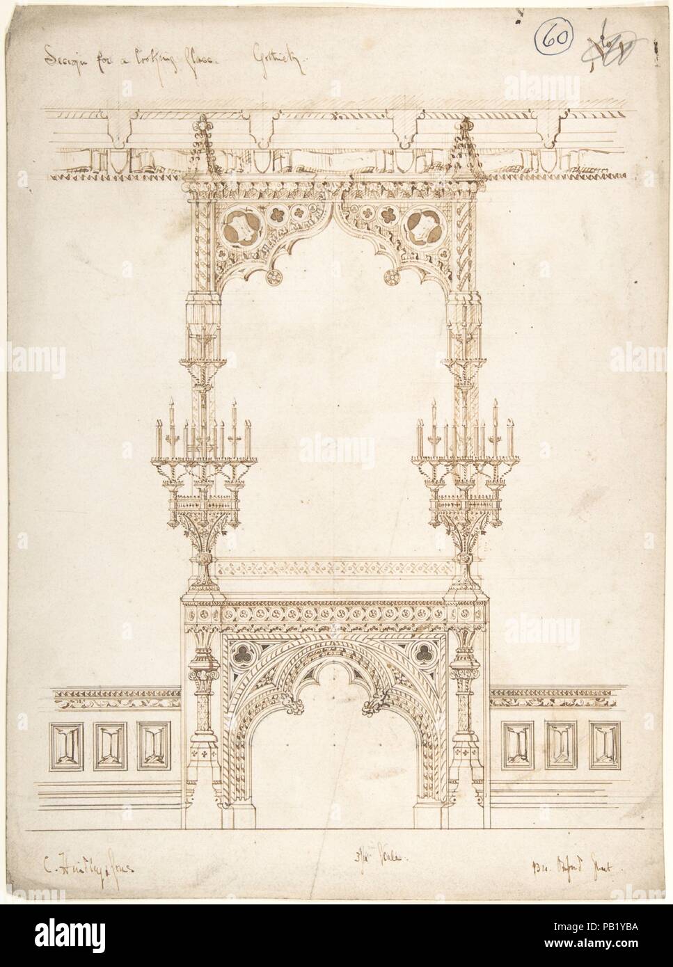 Design per un specchio gotico. Artista: Charles Hindley e figli (British, Londra Londra 1841-1917). Dimensioni: foglio: 14 x 10 5/16 in. (35,6 x 26,2 cm). Data: 1841-84. Museo: Metropolitan Museum of Art di New York, Stati Uniti d'America. Foto Stock