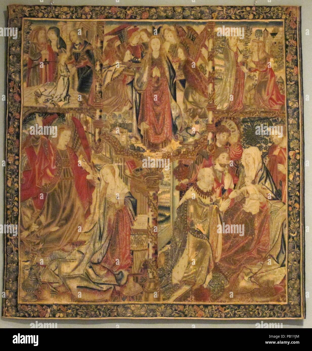 Scene della vita della Vergine. Cultura: Netherlandish Sud. Dimensioni: complessivo: 86 3/4 x 82a. (220.3 208.3x cm). Data: ca. 1490-1510. Indossa un rosso-oro abito di broccato e trasportato da sei angeli, Maria ascende al cielo al centro di questo cinque-parte composizione. Altri episodi della vita di lei si dipanano intorno a questa scena principale. Inizio nell'angolo superiore sinistro è la presentazione della giovane Maria nel tempio, seguita dalla riunione di Maria ed Elisabetta nell'angolo superiore destro. L'Annunciazione a sinistra e la Adorazione dei Magi a destra a dominare il campo inferiore, Foto Stock