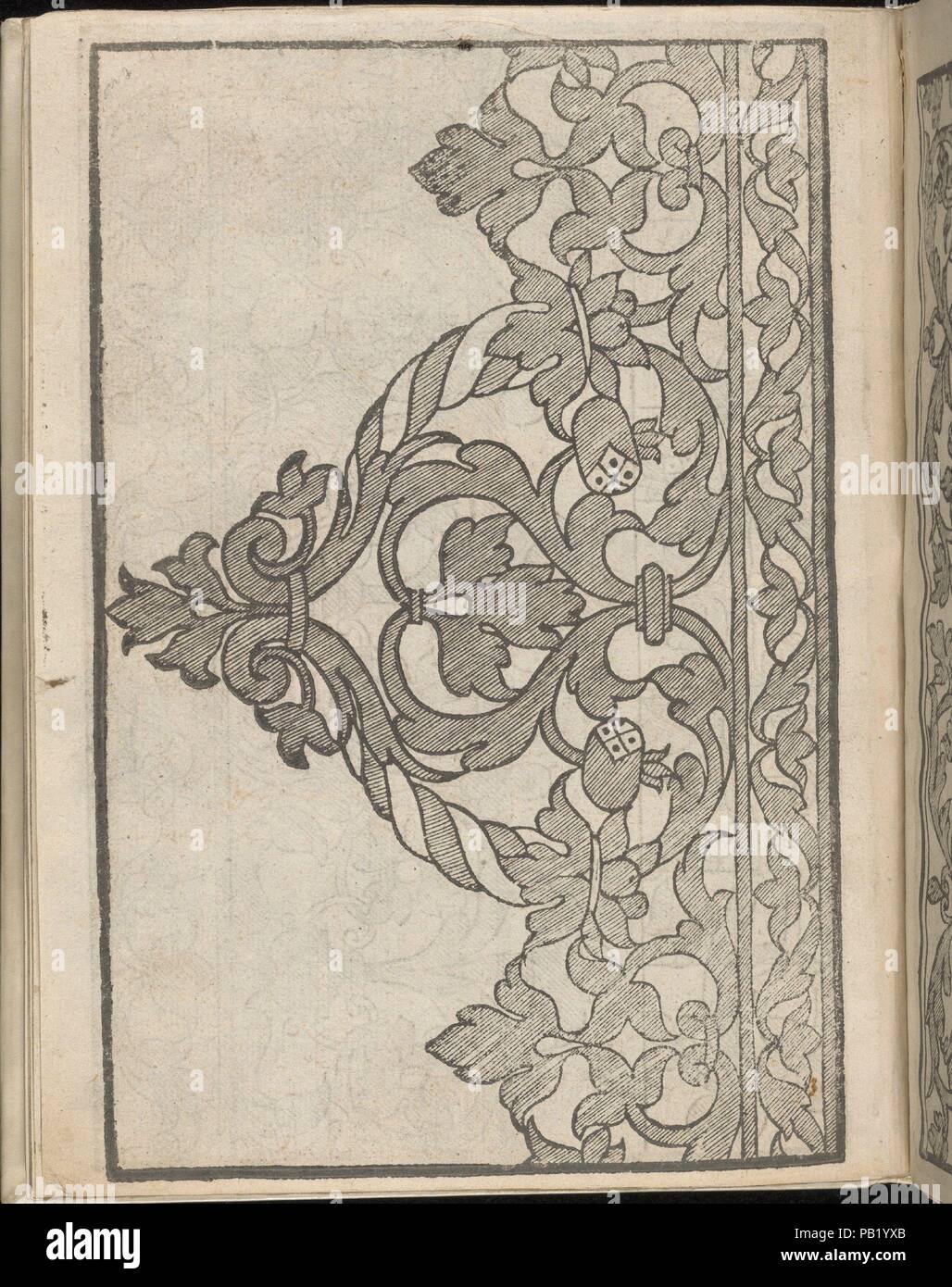 Lucidario di Recami, pagina 6 (verso). Progettista: Iseppo Foresto (italiano, attivo a Venezia, 1557). Dimensioni: complessivo: 7 7/8 x 5 7/8 in. (20 x 15 cm). Pubblicato in: Venezia. Editore: Jeronimo Calepio , 1564. Data: 1564. Progettato da Iseppo Foresto, pubblicato da Jeronimo Calepio, 1564. Dall'alto al basso e da sinistra a destra: Design composto da 2 colonne verticali. La colonna di sinistra è più ampia ed è decorata con motivi floreali centrale elemento, a forma di cuore che è fiancheggiata su entrambi i lati da un altro fiore. La colonna di destra è più stretto ed è decorata con un incurvamento della vigna di fiori. Museo: Metropolitan Foto Stock