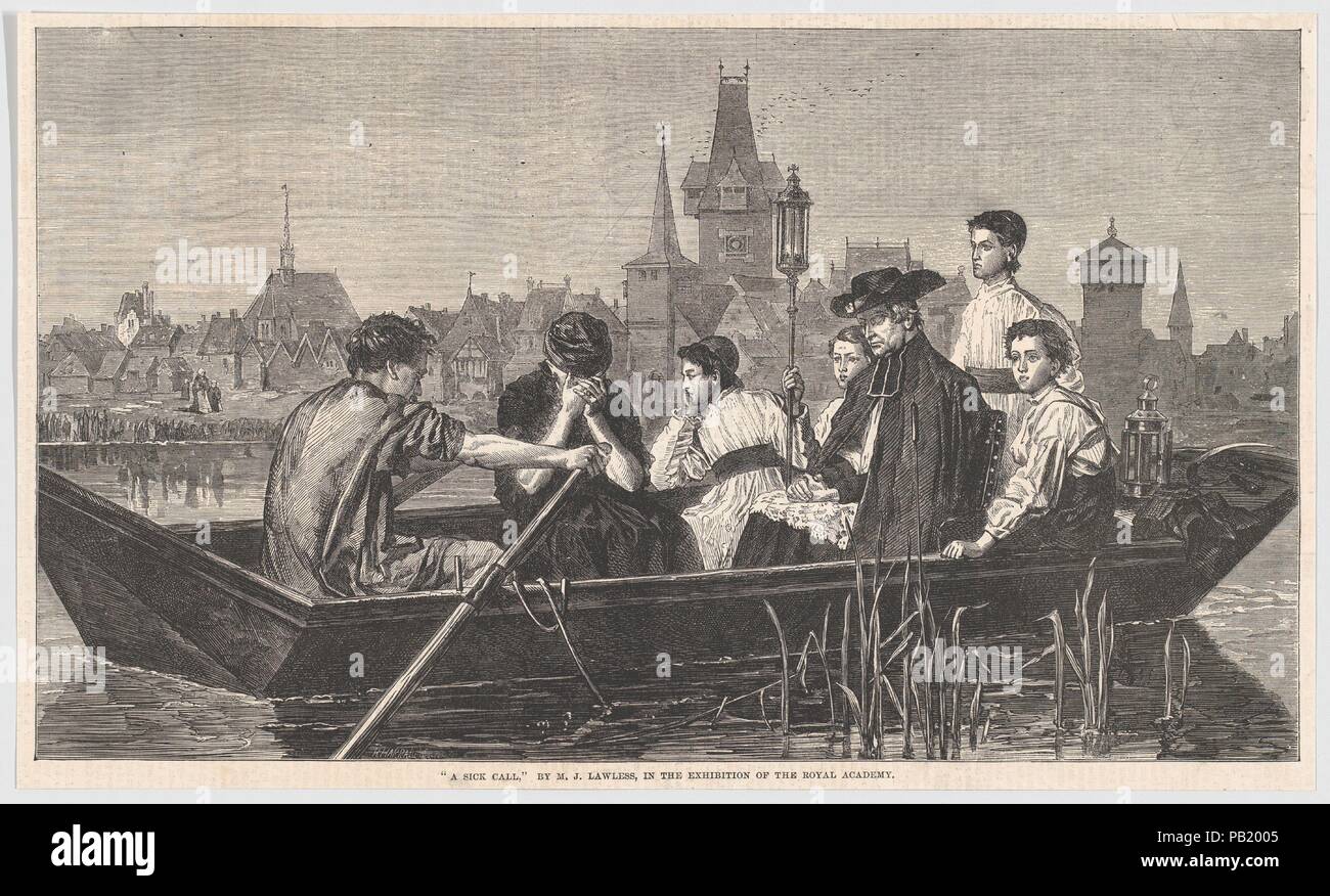 Un malato, da 'Illustrated London News'. Artista: Dopo Matthew James Lawless (irlandese di Dublino, Londra 1837-1864). Dimensioni: Immagine: 6 3/4 × 11 11/16 in. (17,1 × 29,7 cm) foglio: 7 1/16 in. × 12 a. (18 × 30,5 cm). Incisore: Orazio Harral (British, 1817-1905). Data: Luglio 25, 1863. Un sacerdote è remi in barca, accompagnato dai chierichetti come una donna che piange accanto al rematore. L'architettura indica un'impostazione in Belgio o in Germania settentrionale. Lawless nacque a Dublino per un prospero romano famiglia cattolica, ha viaggiato in Francia e Paesi Bassi, ed è stato il perseguimento di una promettente carriera di Londra Siamo Foto Stock