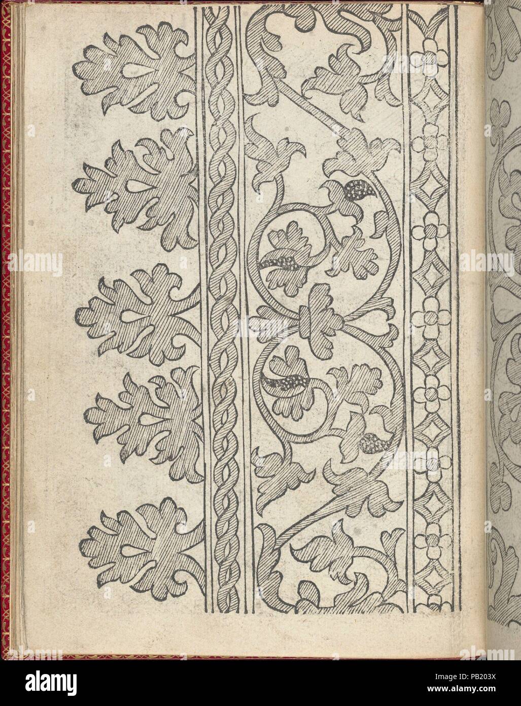 Il Monte. Opera Nova di Recami, pagina 10 (verso). Raccoglitore: Chambolle-Duru (francese del XIX secolo). Progettista: Giovanni Antonio Bindoni. Dimensioni: complessivo: 7 7/8 x 5 11/16 in. (20 x 14,5 cm). Editore: Giovanni & Marchio Sessa (italiano, attivo 1557) , Venezia. Data: dopo il 1557. Progettato da Giovanni Antonio Bindoni, pubblicato da Giovanni & Marchio Sessa, Venezia, vincolati da Chambolle-Duru, francese del XIX secolo. Dall'alto al basso e da sinistra a destra: Design composto da 4 colonne verticali. La prima colonna è decorato con un motivo floreale ripetuto 5 volte. La seconda colonna è decorata con 2 la torsione li Foto Stock