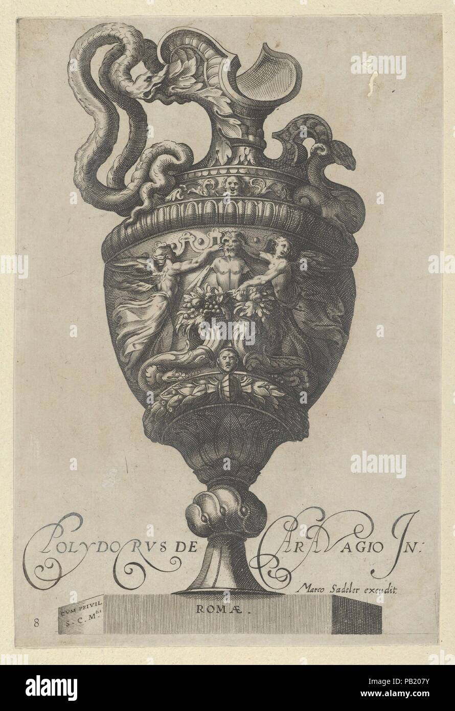 La piastra 8: vaso o Ewer decorata con un satiro figura, dietro due cornucopie, e due Vittoria Alata figure, da vasi antichi ("Vasa un Polydoro Caravagino'). Artista: Dopo Polidoro da Caravaggio (italiano, Caravaggio ca. 1499-ca. 1543 Messina); Egidio Sadeler II (Netherlandish, Anversa 1568-1629 Praga); dopo il cherubino Alberti (Zaccaria Mattia) (italiano, Borgo Sansepolcro Roma 1553-1615). Dimensioni: foglio: 9 3/16 x 6 1/4 in. (23,3 × 15,8 cm). Editore: Marcus Sadeler (tedesco a Monaco di Baviera prima di 1614-in o dopo il 1650). Serie/Portfolio: vasi antichi. Data: 1605. Questi vasi sono copie di retromarcia Foto Stock
